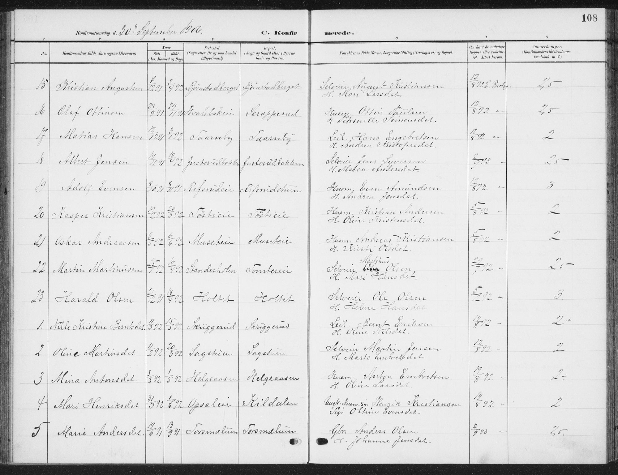 Romedal prestekontor, SAH/PREST-004/K/L0009: Parish register (official) no. 9, 1906-1929, p. 108