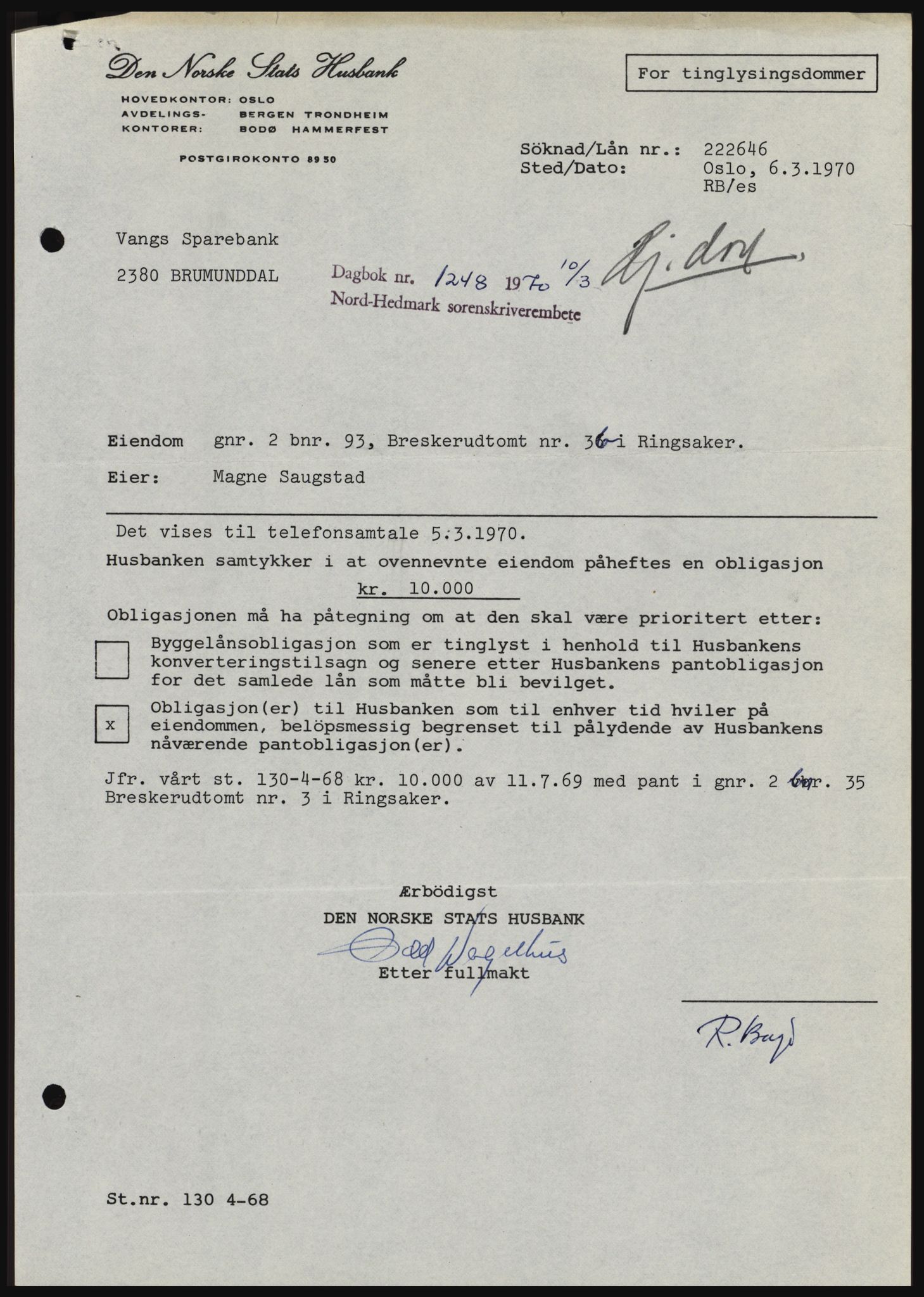 Nord-Hedmark sorenskriveri, SAH/TING-012/H/Hc/L0033: Mortgage book no. 33, 1970-1970, Diary no: : 1248/1970