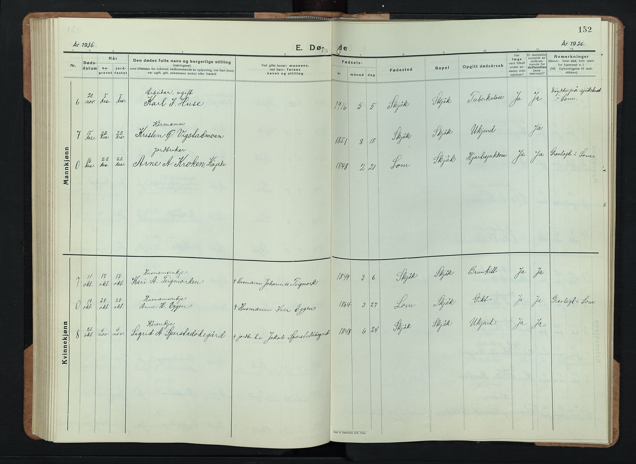 Skjåk prestekontor, AV/SAH-PREST-072/H/Ha/Hab/L0006: Parish register (copy) no. 6, 1933-1954, p. 152