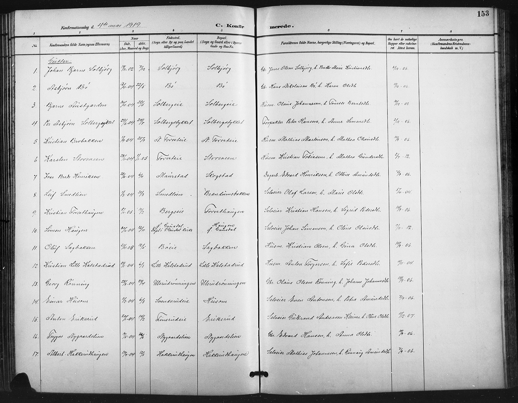 Vestre Gausdal prestekontor, SAH/PREST-094/H/Ha/Hab/L0003: Parish register (copy) no. 3, 1896-1925, p. 153