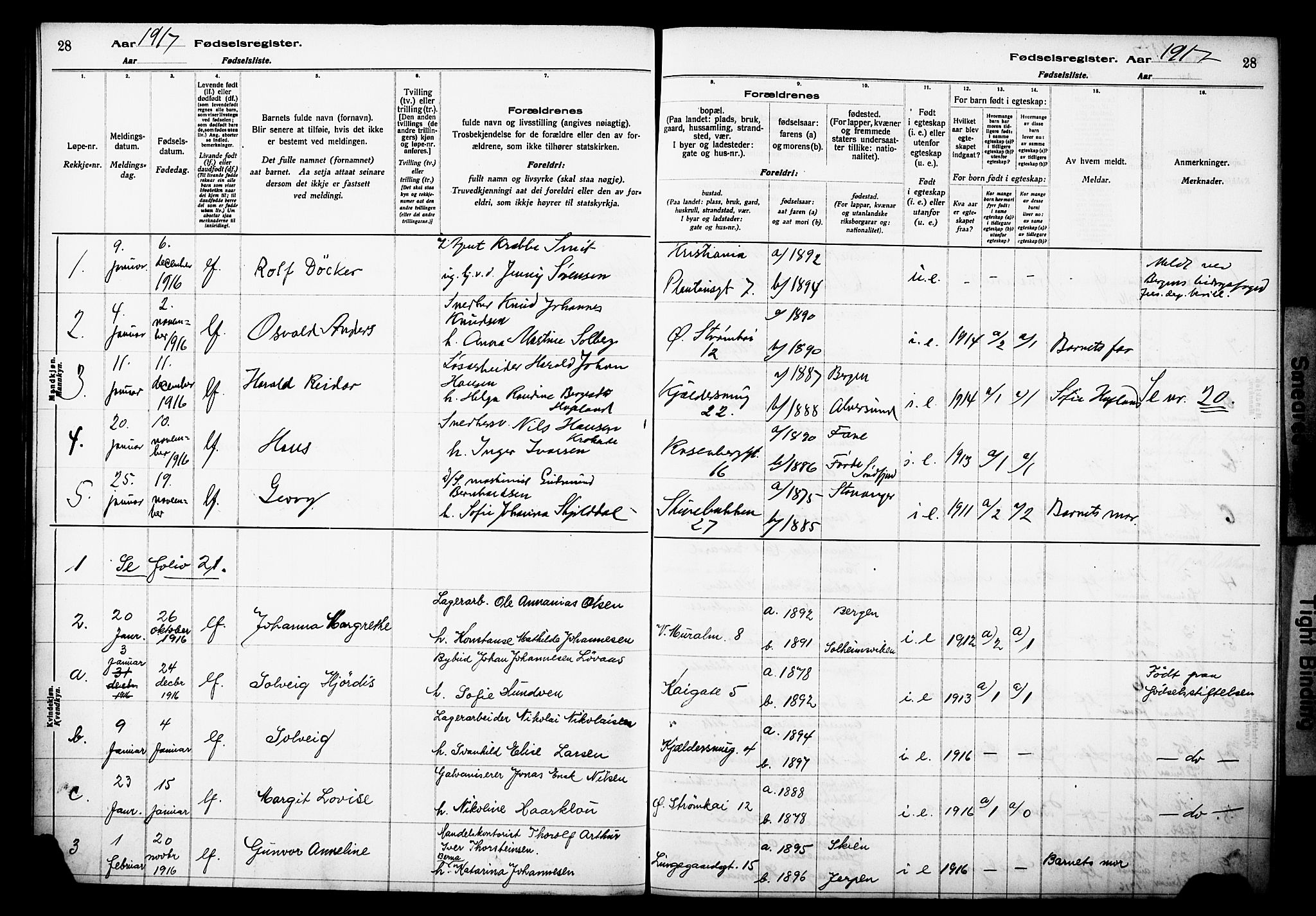 Domkirken sokneprestembete, AV/SAB-A-74801/I/Id/L00A1: Birth register no. A 1, 1916-1923, p. 28