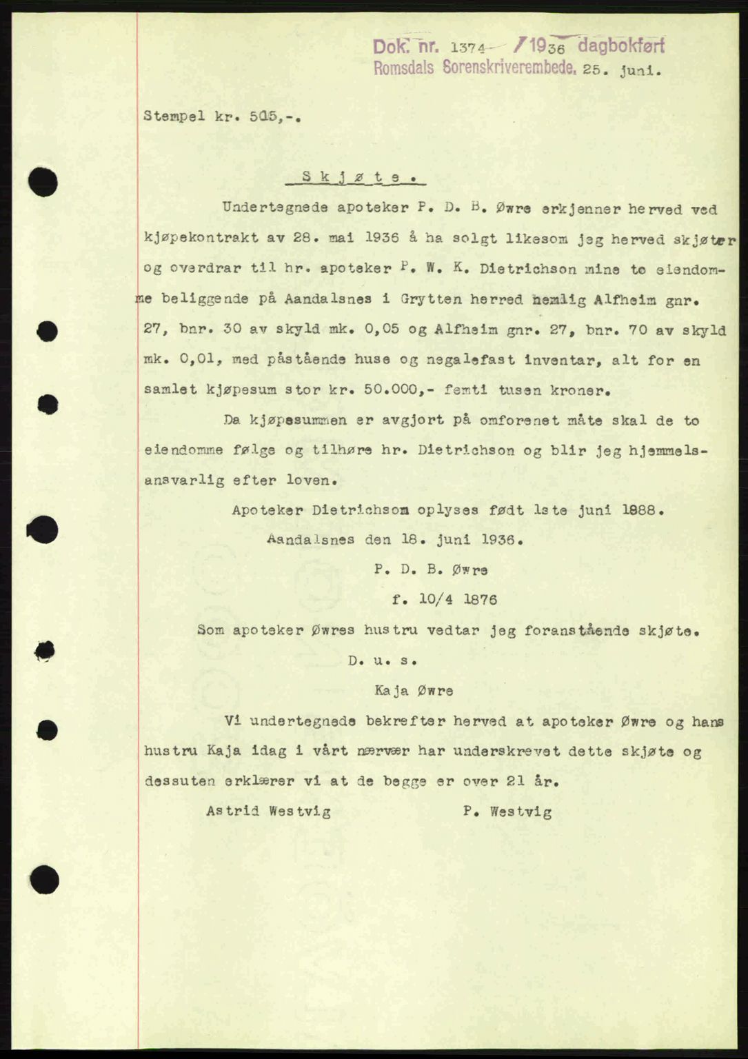 Romsdal sorenskriveri, AV/SAT-A-4149/1/2/2C: Mortgage book no. A1, 1936-1936, Diary no: : 1374/1936