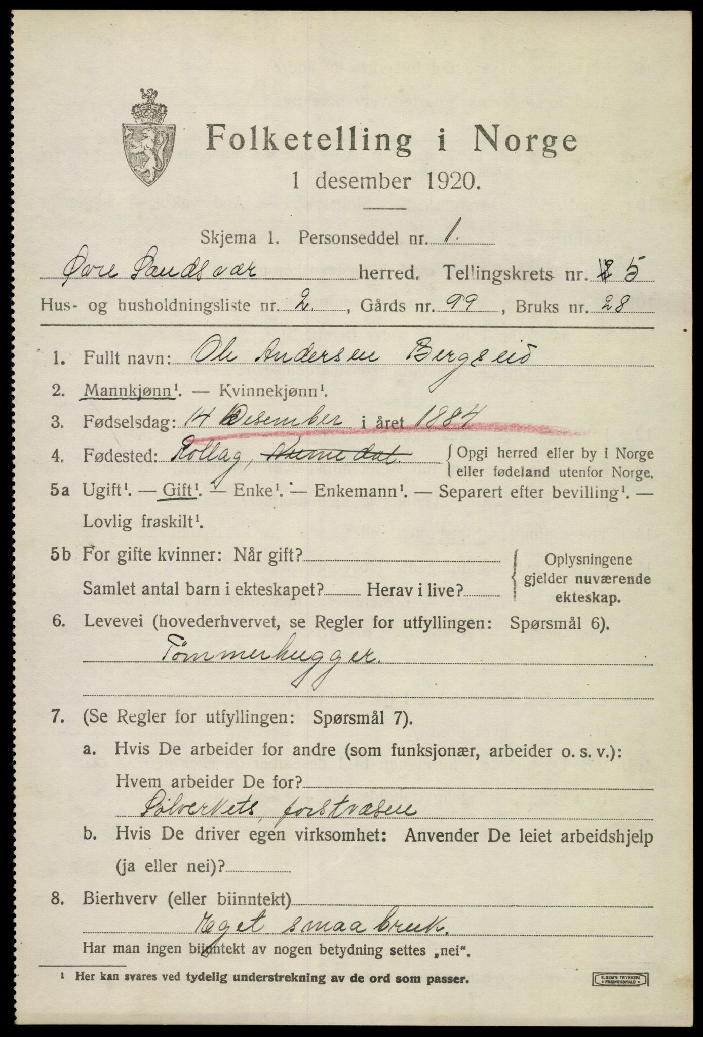 SAKO, 1920 census for Øvre Sandsvær, 1920, p. 2850