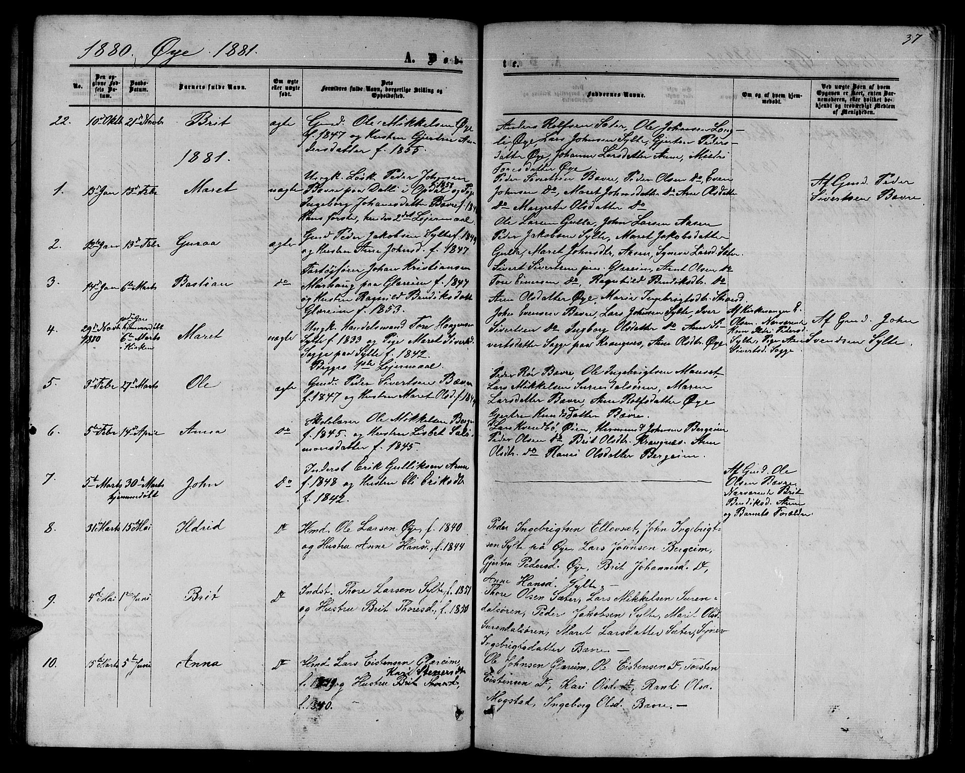 Ministerialprotokoller, klokkerbøker og fødselsregistre - Møre og Romsdal, SAT/A-1454/595/L1051: Parish register (copy) no. 595C03, 1866-1891, p. 37