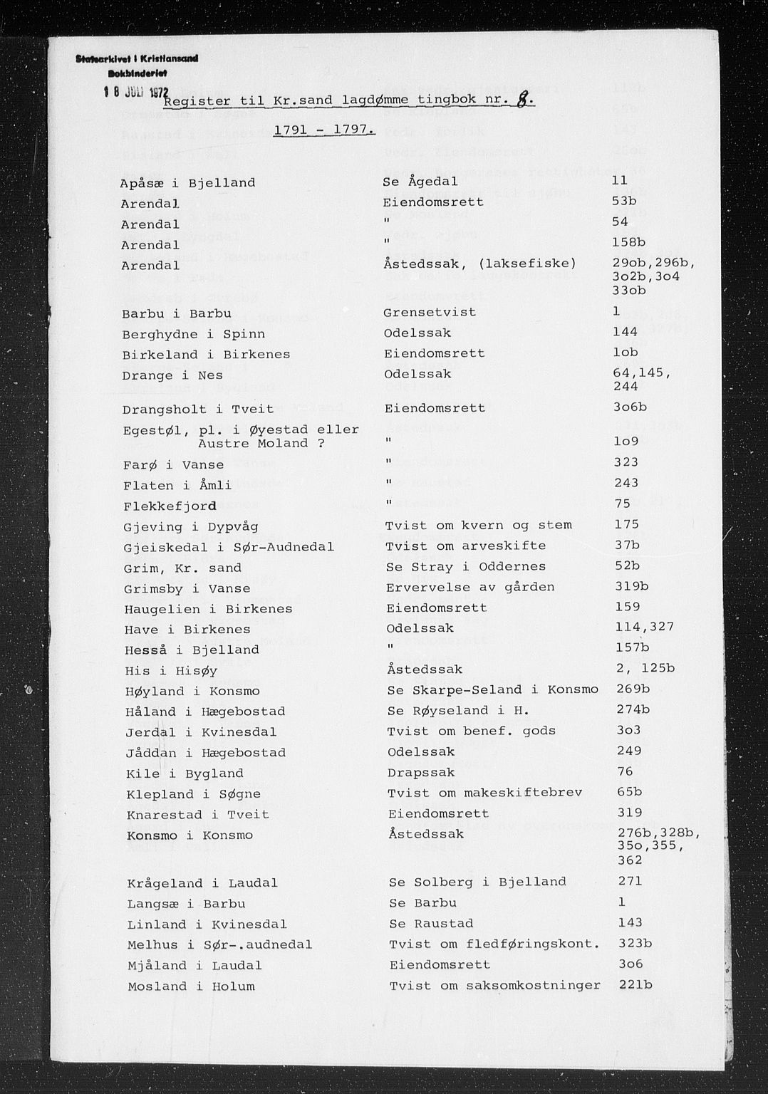 Kristiansand lagdømme, AV/SAK-1232-0001/F/Fb/L0008: Tingbok med register, 1791-1797