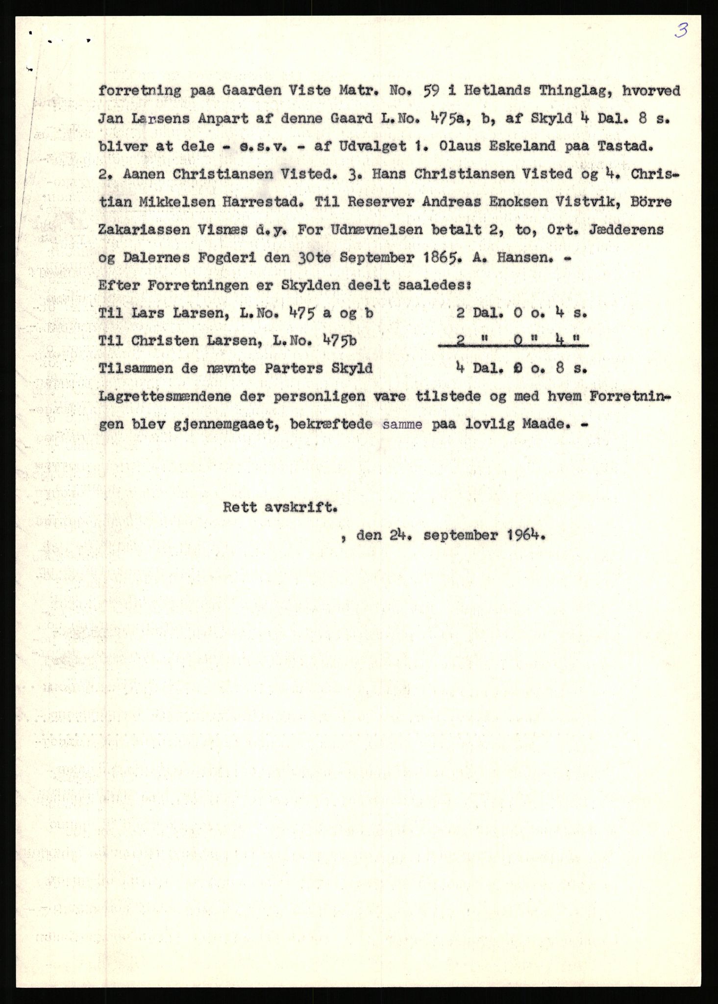 Statsarkivet i Stavanger, SAST/A-101971/03/Y/Yj/L0096: Avskrifter sortert etter gårdsnavn: Vistad - Vågen søndre, 1750-1930, p. 65