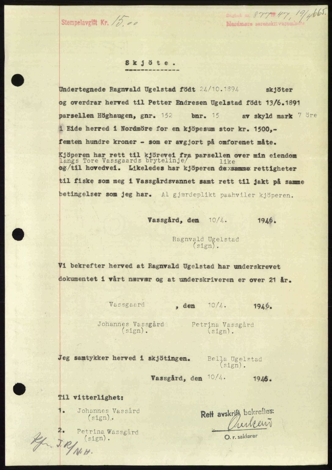 Nordmøre sorenskriveri, AV/SAT-A-4132/1/2/2Ca: Mortgage book no. A104, 1947-1947, Diary no: : 877/1947