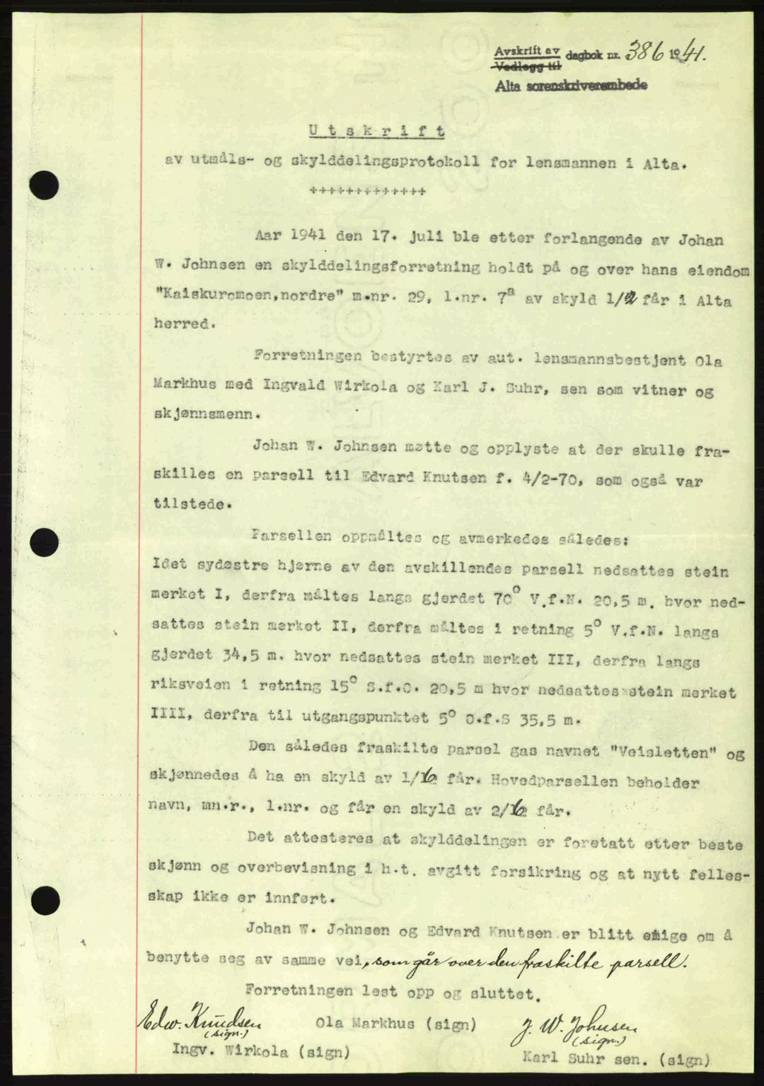 Alta fogderi/sorenskriveri, SATØ/SATØ-5/1/K/Kd/L0033pantebok: Mortgage book no. 33, 1940-1943, Diary no: : 386/1941