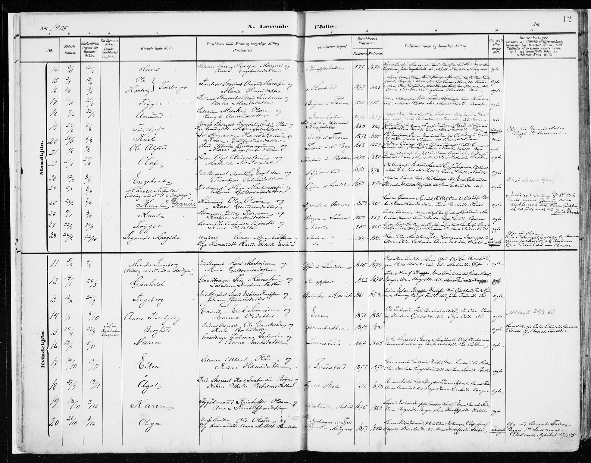 Nord-Odal prestekontor, AV/SAH-PREST-032/H/Ha/Haa/L0009: Parish register (official) no. 9, 1902-1926, p. 12