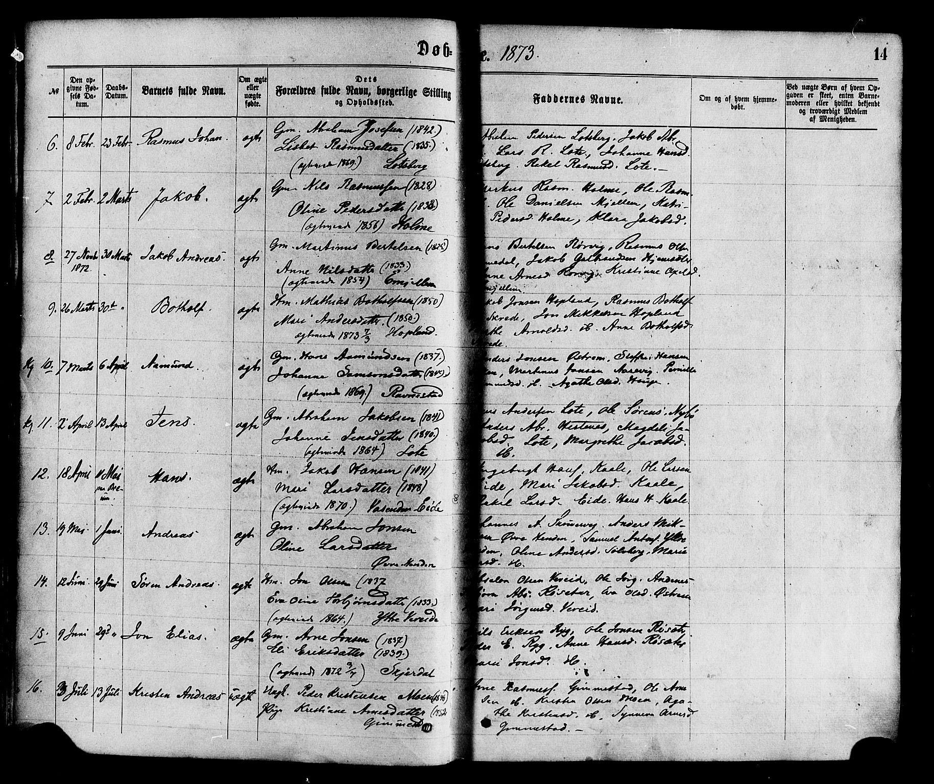 Gloppen sokneprestembete, AV/SAB-A-80101/H/Haa/Haaa/L0010: Parish register (official) no. A 10, 1871-1884, p. 14