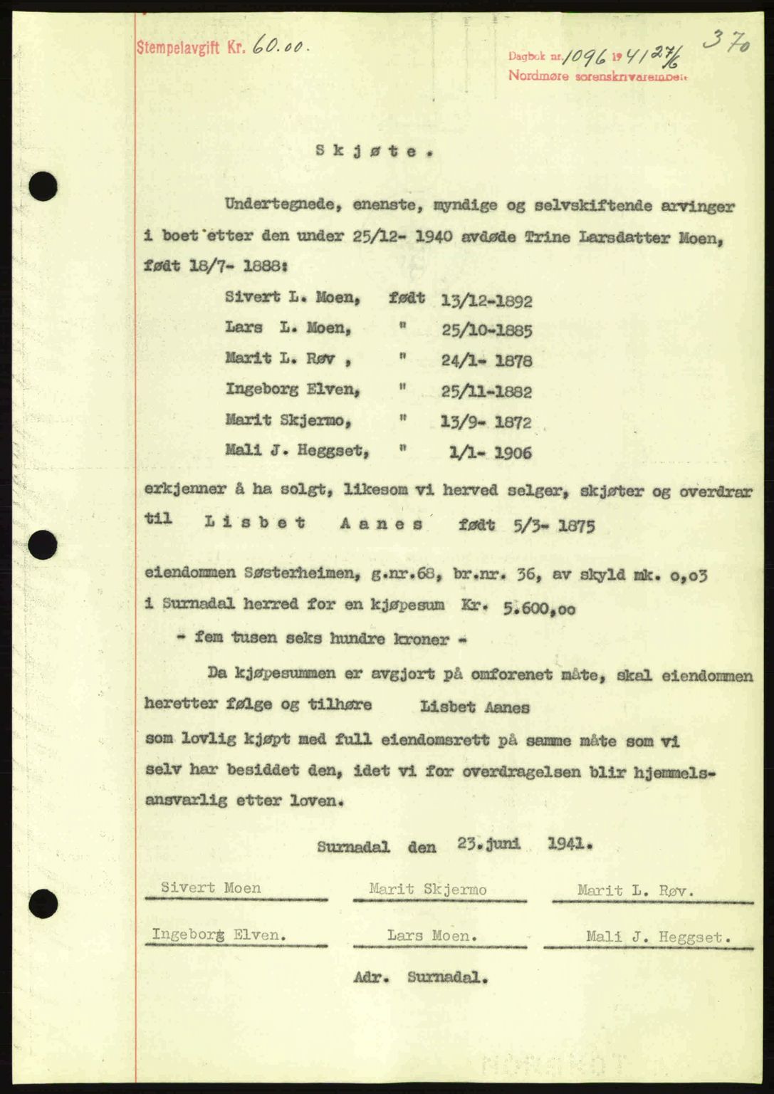 Nordmøre sorenskriveri, SAT/A-4132/1/2/2Ca: Mortgage book no. A90, 1941-1941, Diary no: : 1096/1941