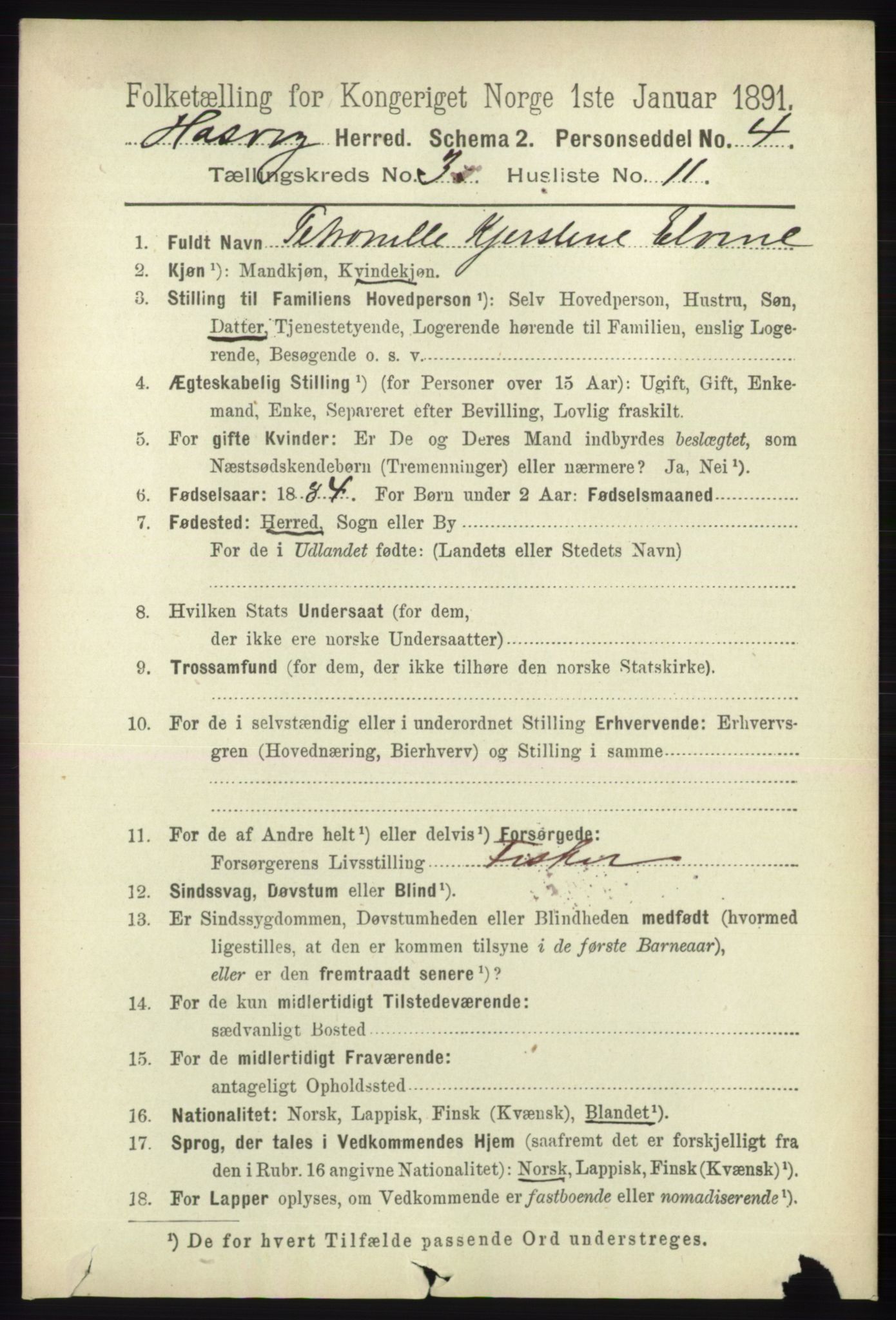 RA, 1891 census for 2015 Hasvik, 1891, p. 463