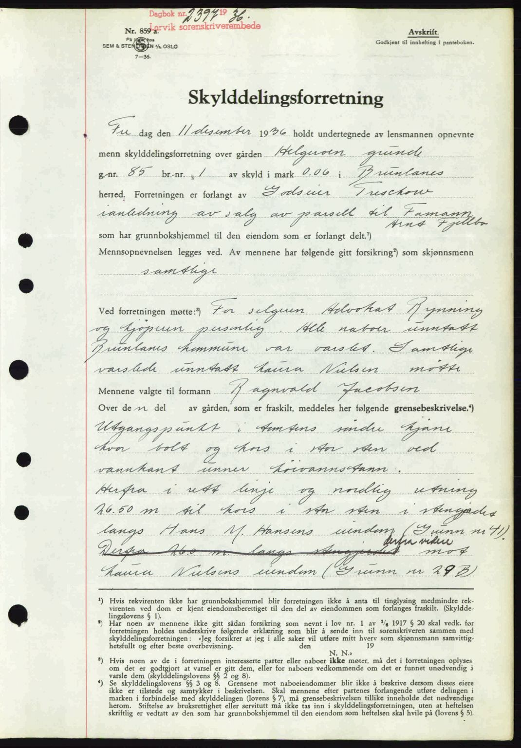 Larvik sorenskriveri, SAKO/A-83/G/Ga/Gab/L0067: Mortgage book no. A-1, 1936-1937, Diary no: : 2397/1936