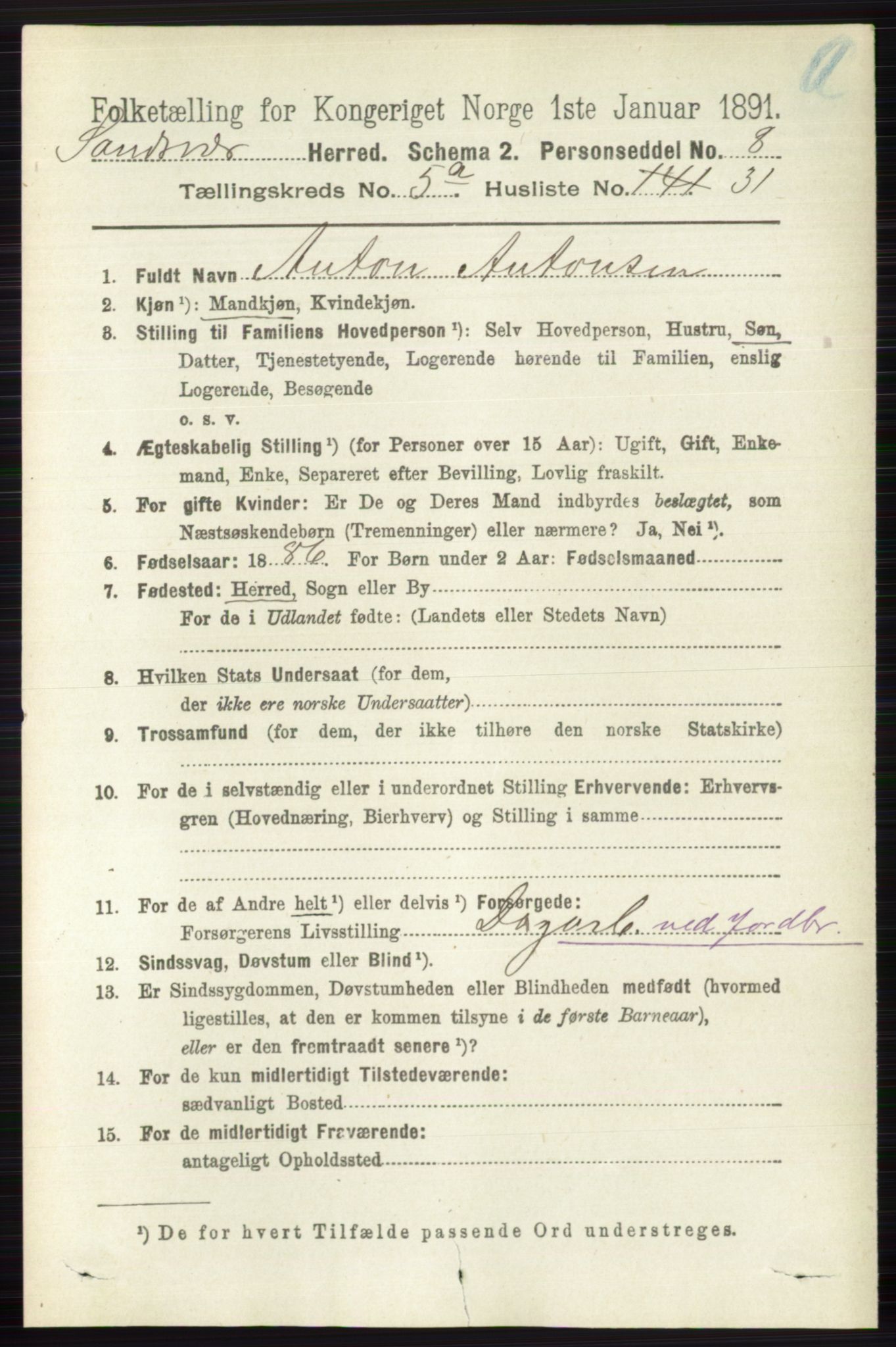 RA, 1891 census for 0629 Sandsvær, 1891, p. 2670