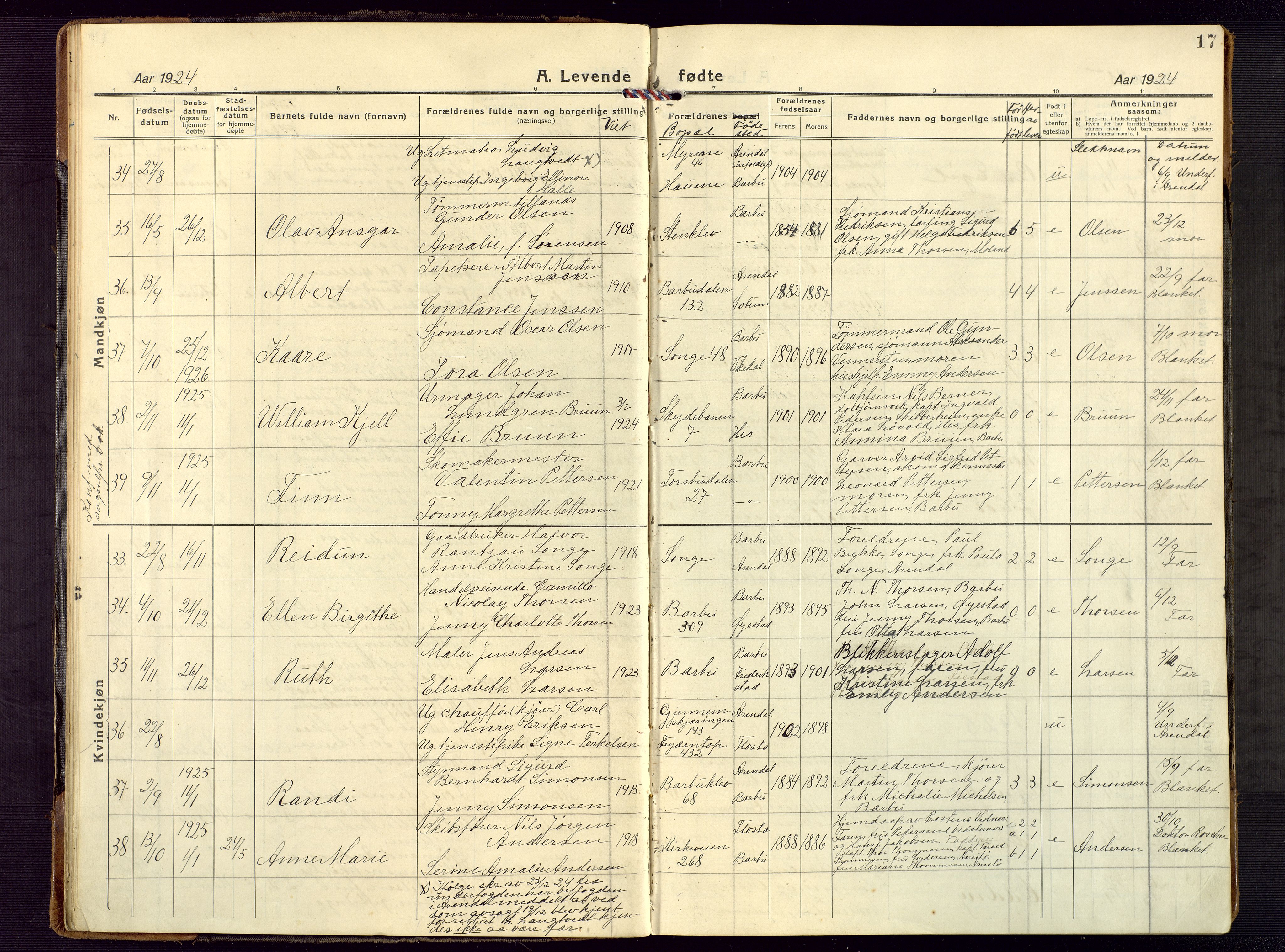 Barbu sokneprestkontor, SAK/1111-0003/F/Fb/L0005: Parish register (copy) no. B 5, 1923-1946, p. 17