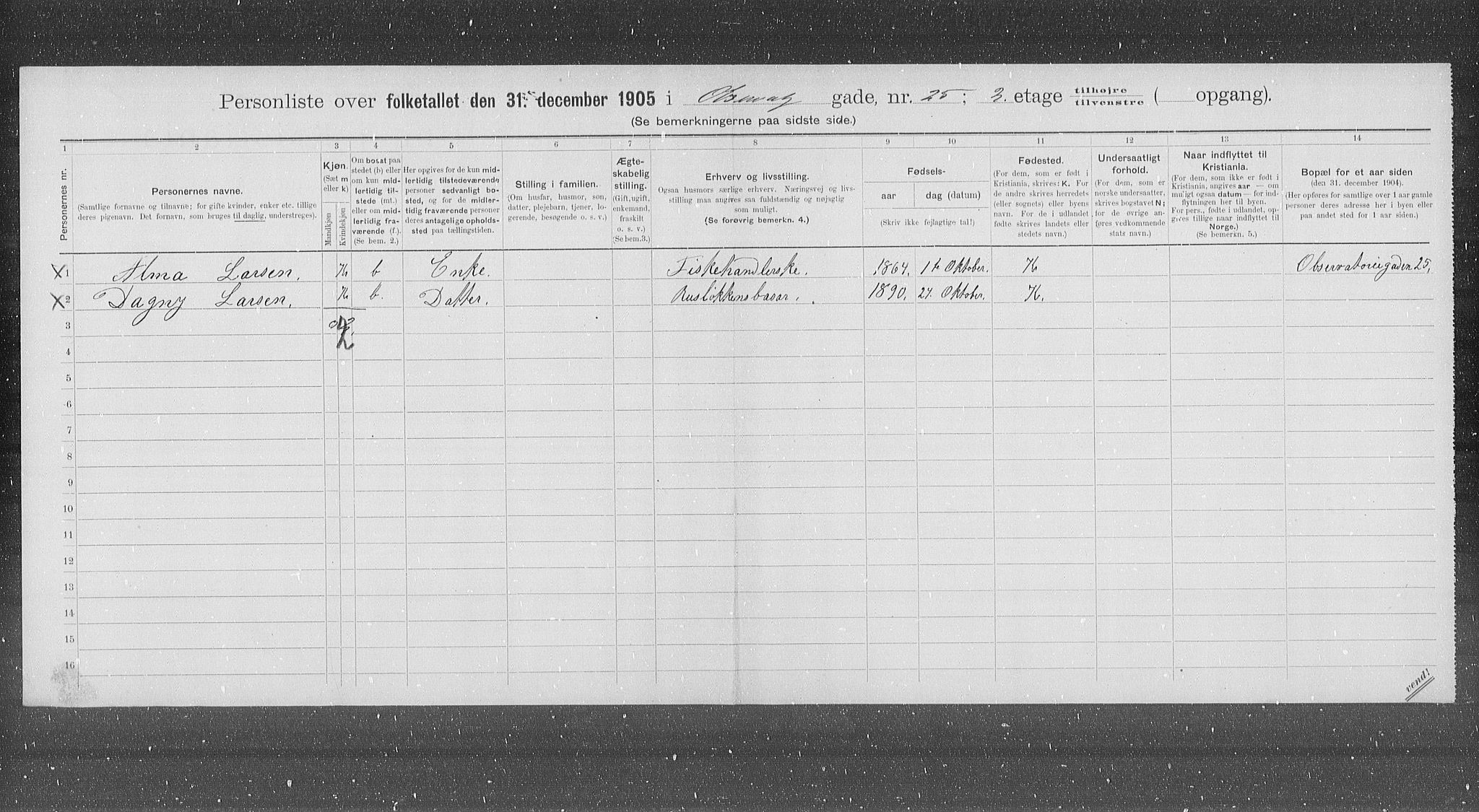 OBA, Municipal Census 1905 for Kristiania, 1905, p. 39184