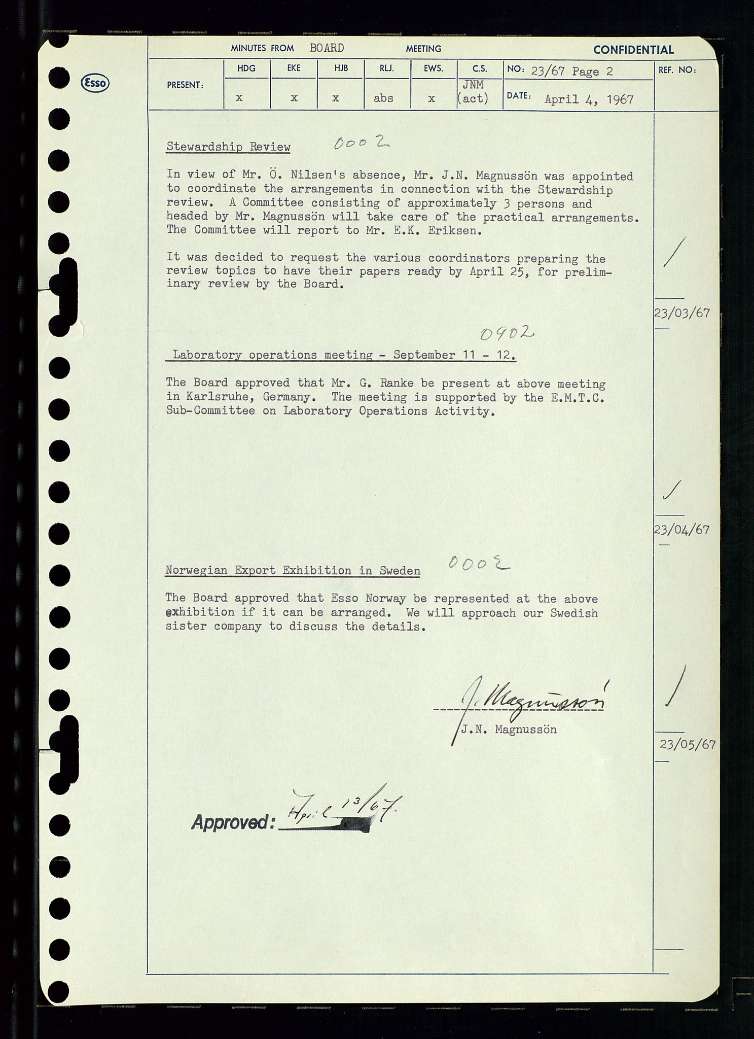 Pa 0982 - Esso Norge A/S, AV/SAST-A-100448/A/Aa/L0002/0003: Den administrerende direksjon Board minutes (styrereferater) / Den administrerende direksjon Board minutes (styrereferater), 1967, p. 51