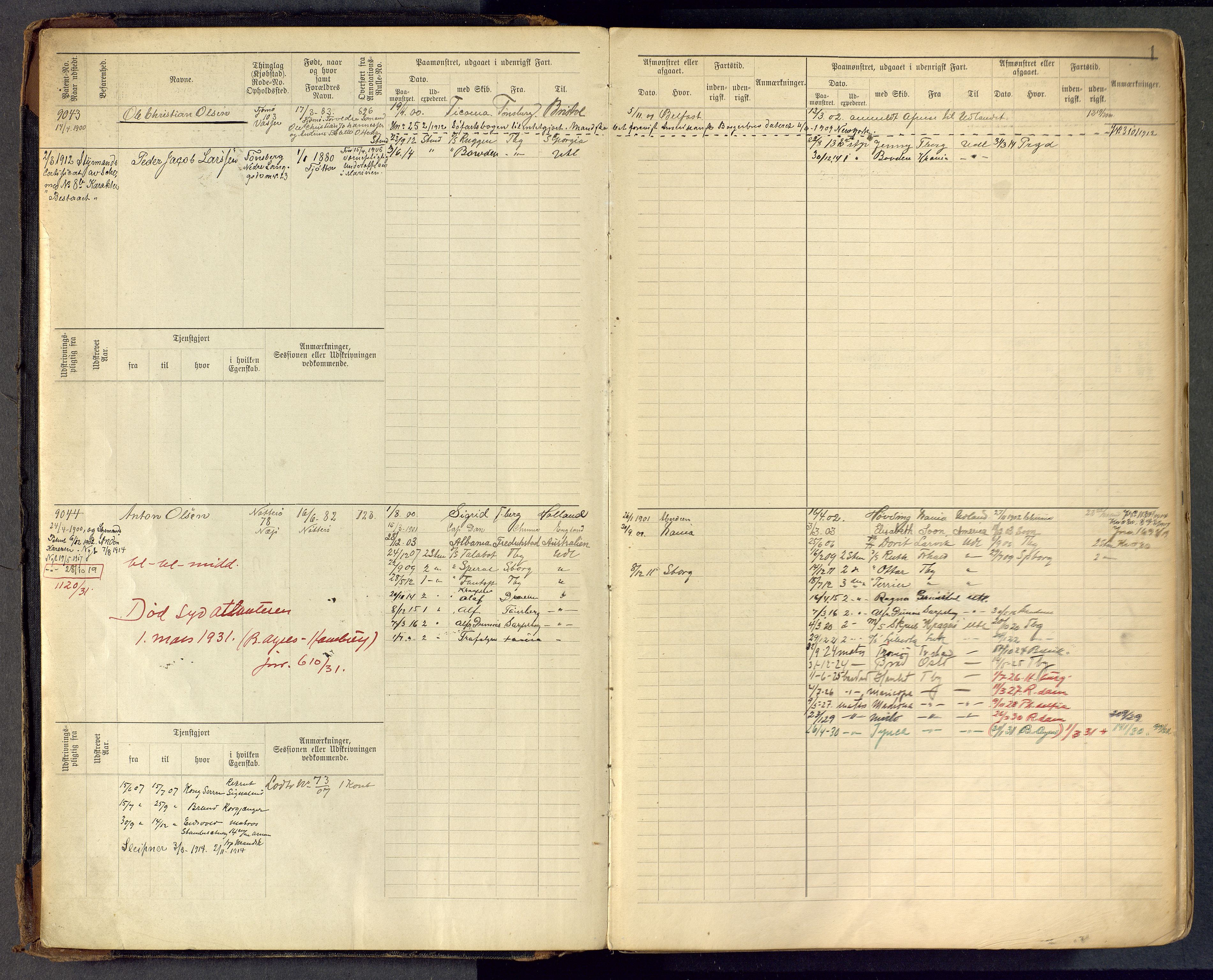 Tønsberg innrulleringskontor, AV/SAKO-A-786/F/Fc/Fcb/L0009: Hovedrulle Patent nr. 9043-9992, 1900-1921, p. 1