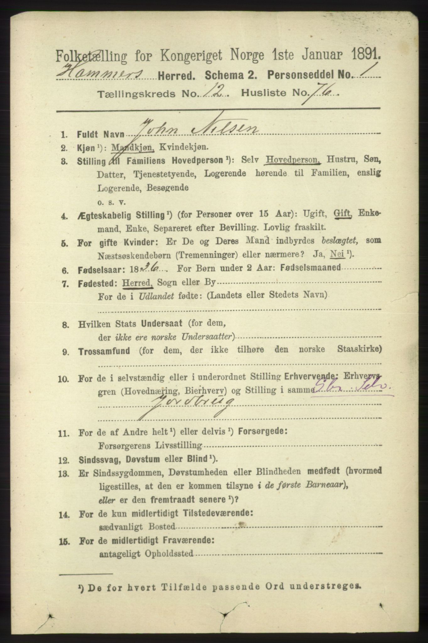 RA, 1891 census for 1254 Hamre, 1891, p. 3937