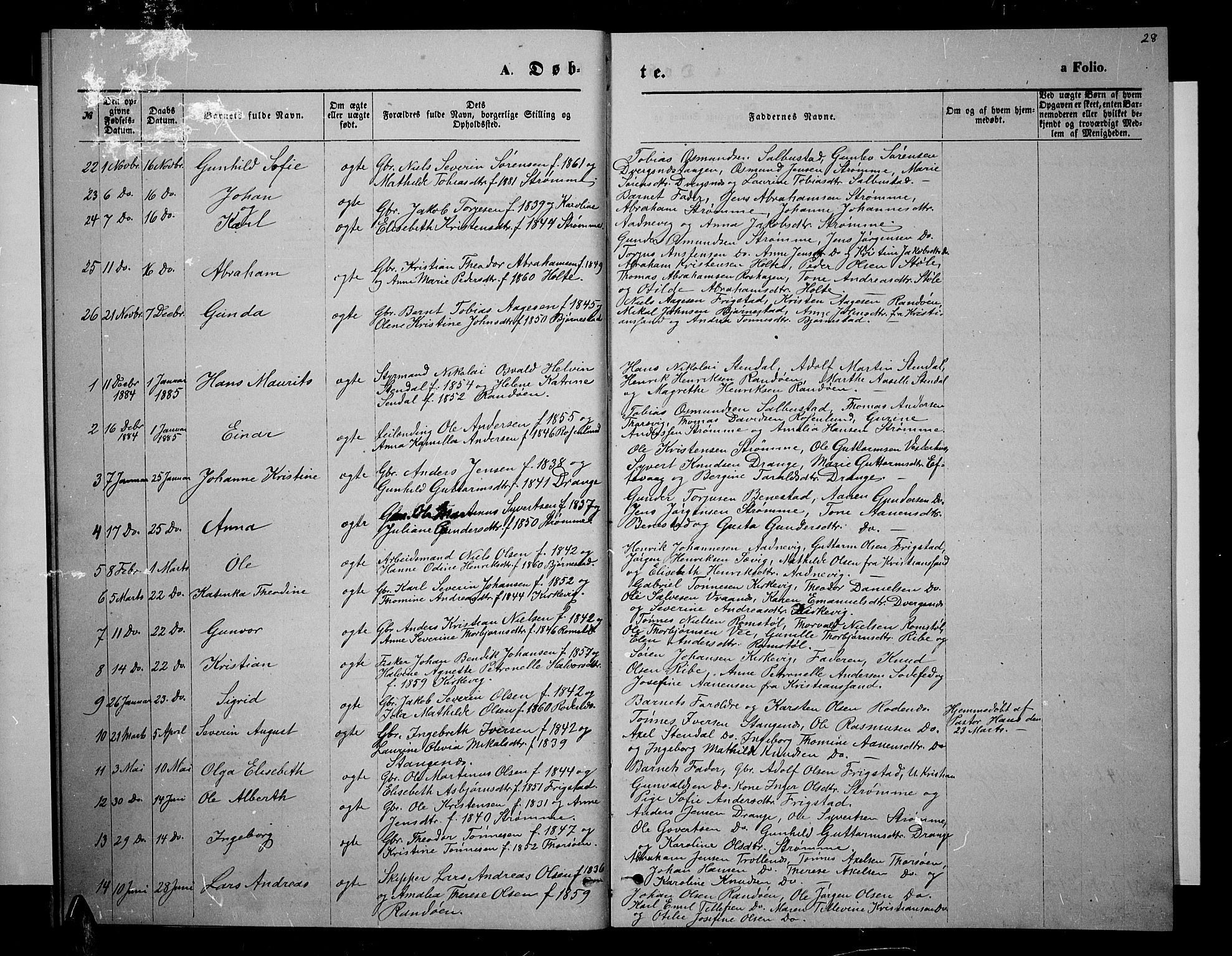 Oddernes sokneprestkontor, SAK/1111-0033/F/Fb/Fbb/L0001: Parish register (copy) no. B 1, 1871-1888, p. 28