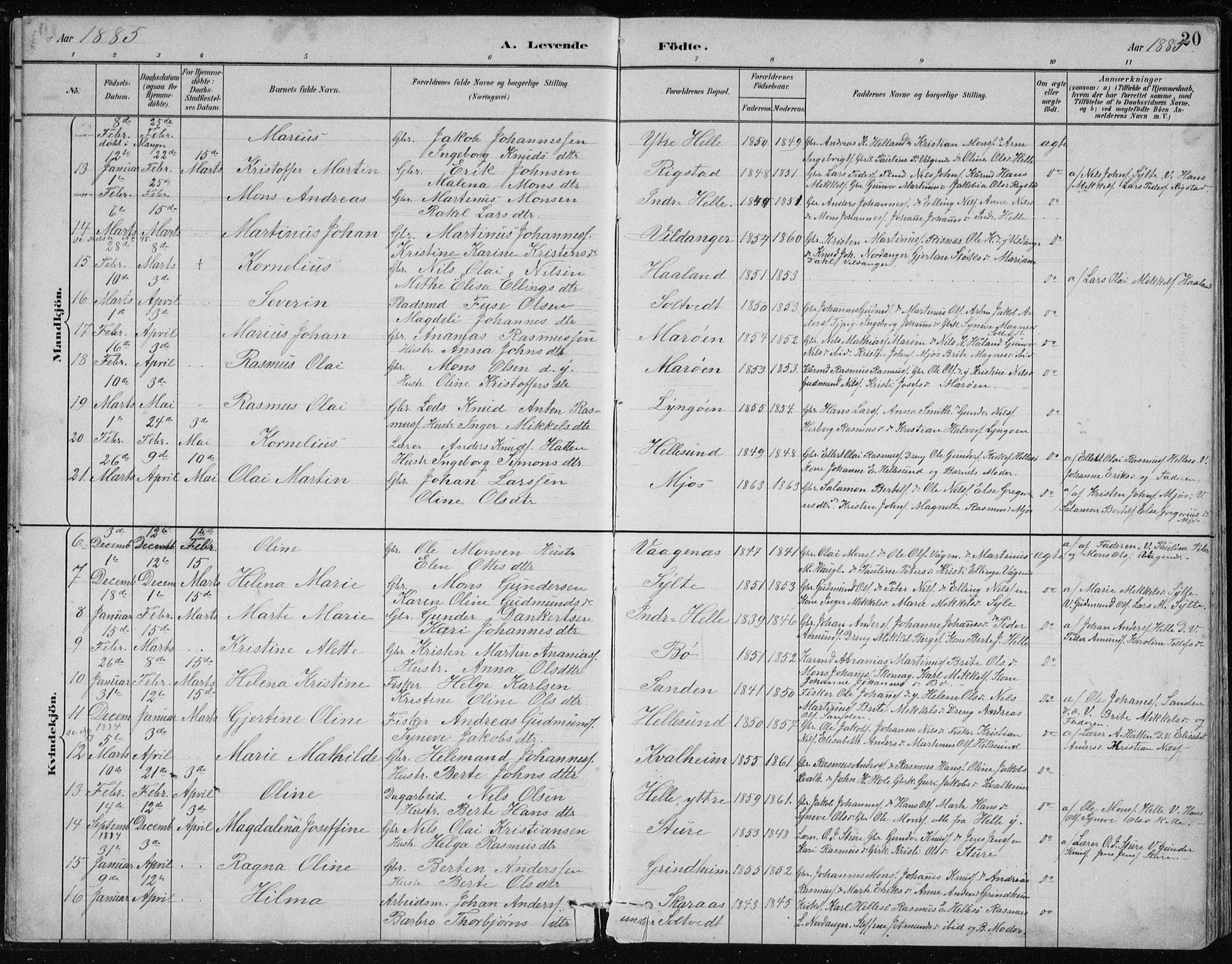 Manger sokneprestembete, SAB/A-76801/H/Hab: Parish register (copy) no. B 2, 1882-1890, p. 20