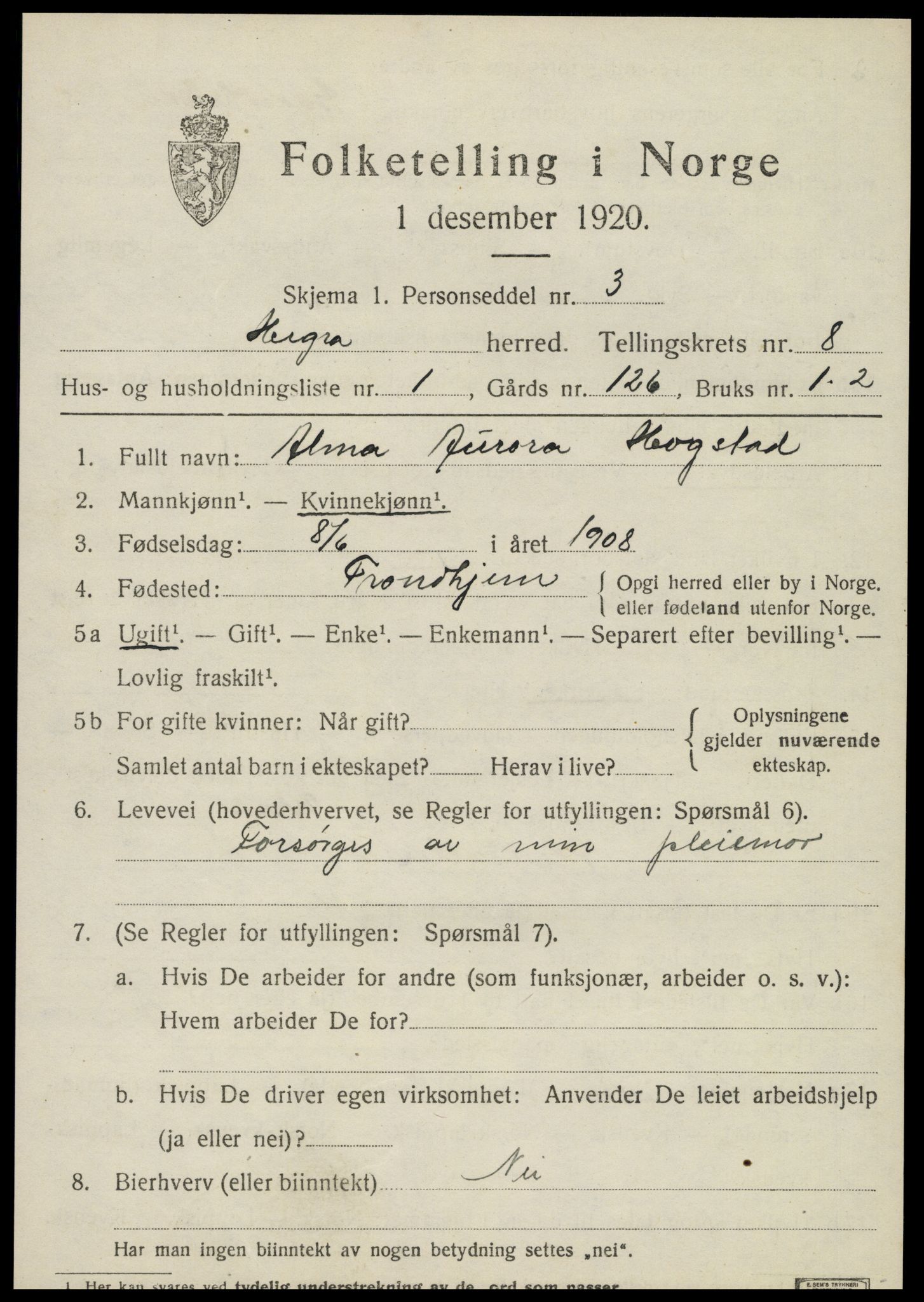 SAT, 1920 census for Hegra, 1920, p. 5588