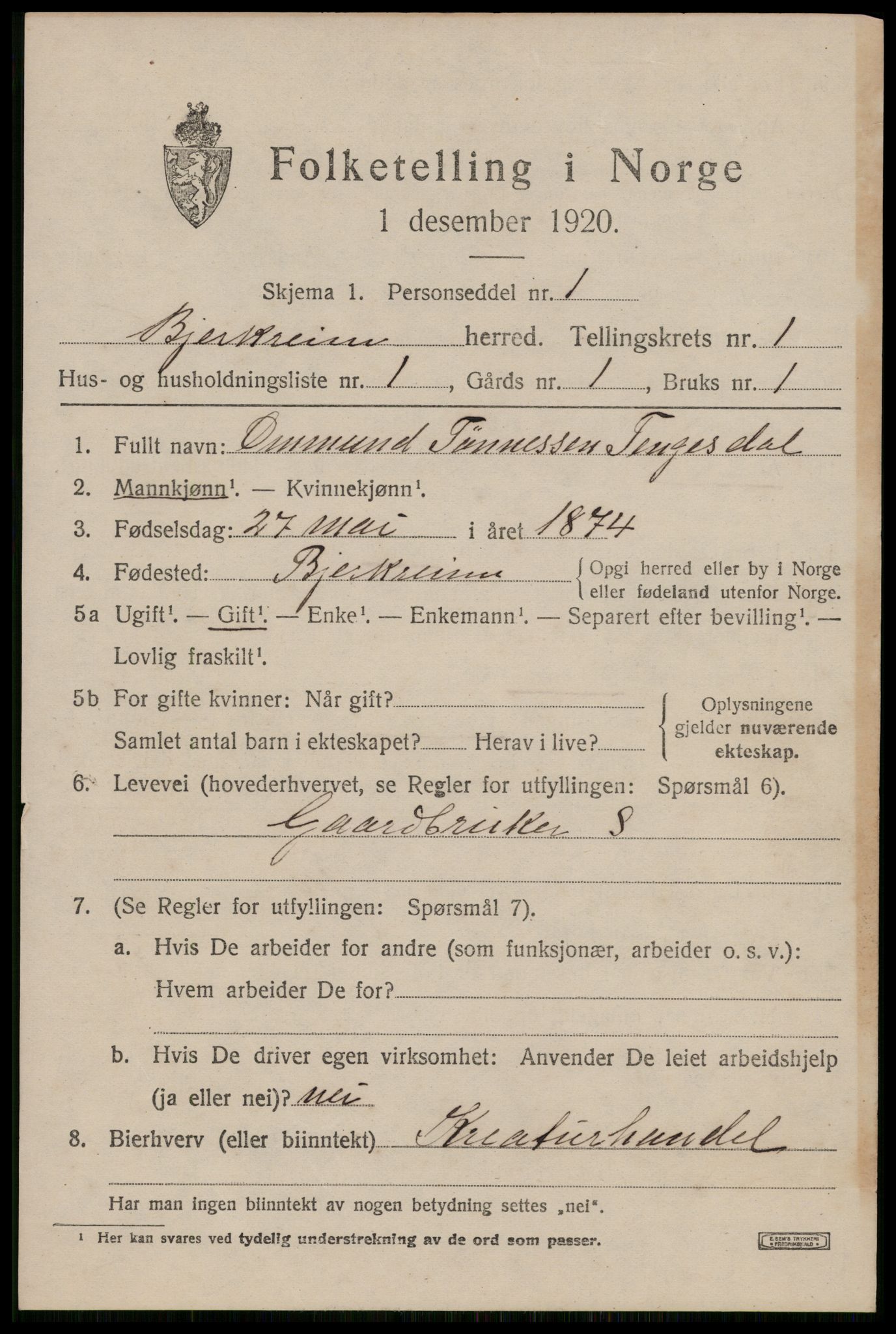 SAST, 1920 census for Bjerkreim, 1920, p. 586