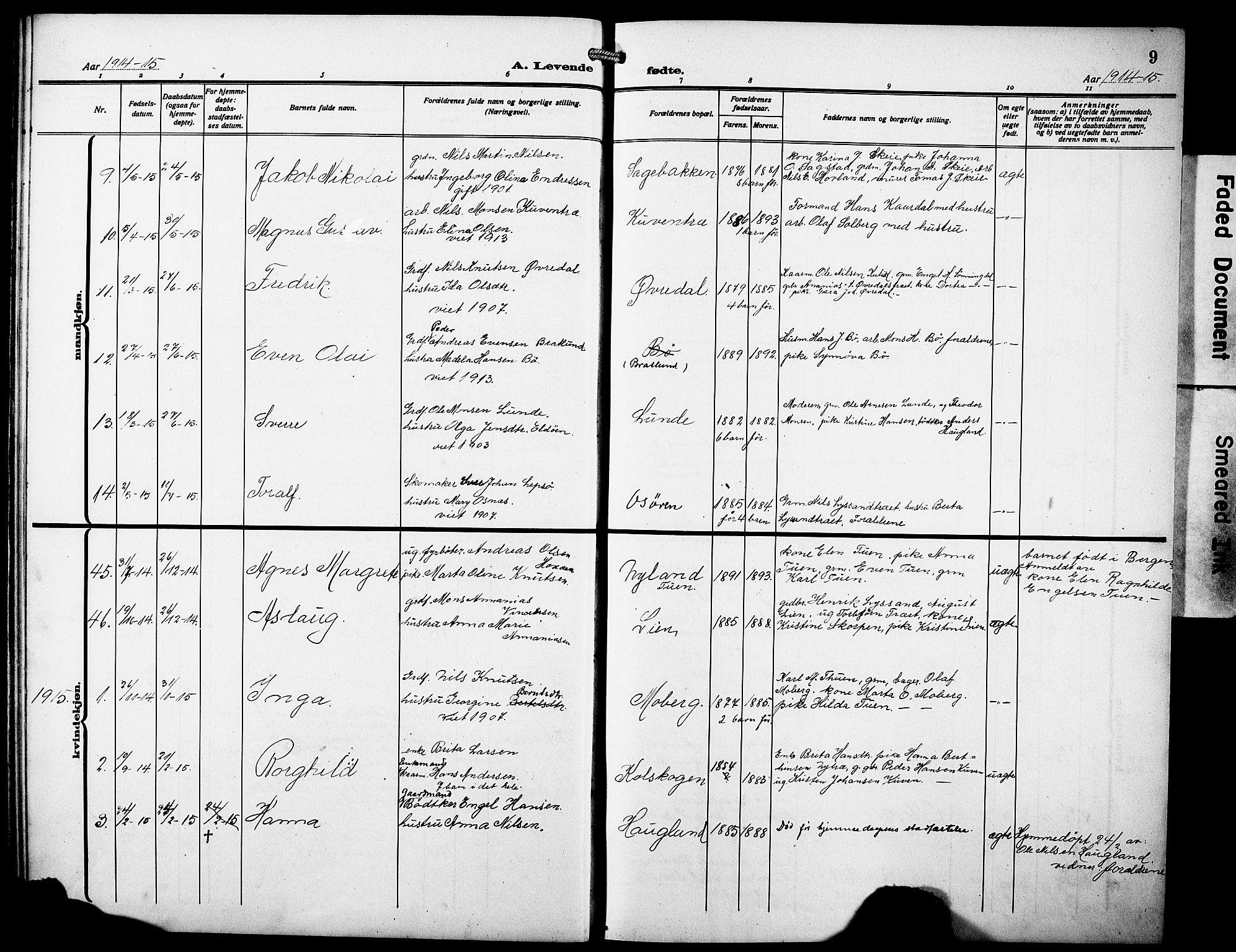 Os sokneprestembete, SAB/A-99929: Parish register (copy) no. A 4, 1914-1923, p. 9