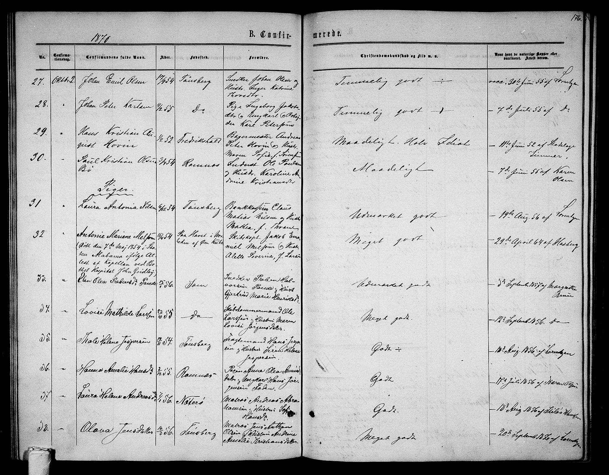 Tønsberg kirkebøker, SAKO/A-330/G/Ga/L0004: Parish register (copy) no. 4, 1865-1874, p. 176