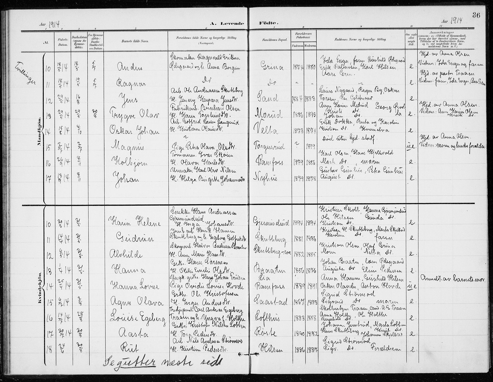 Modum kirkebøker, AV/SAKO-A-234/G/Gd/L0001: Parish register (copy) no. IV 1, 1901-1921, p. 36