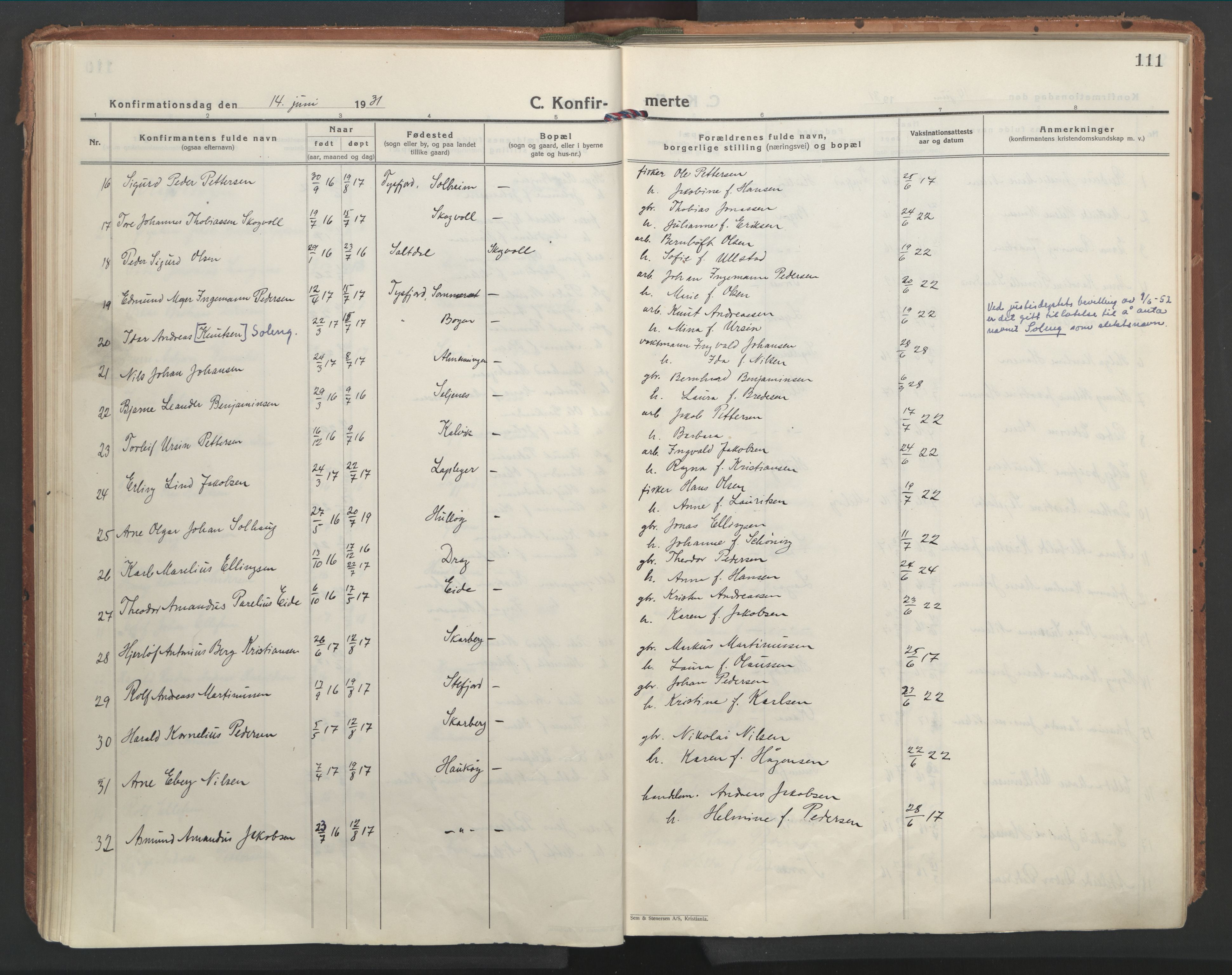 Ministerialprotokoller, klokkerbøker og fødselsregistre - Nordland, AV/SAT-A-1459/861/L0873: Parish register (official) no. 861A08, 1923-1932, p. 111