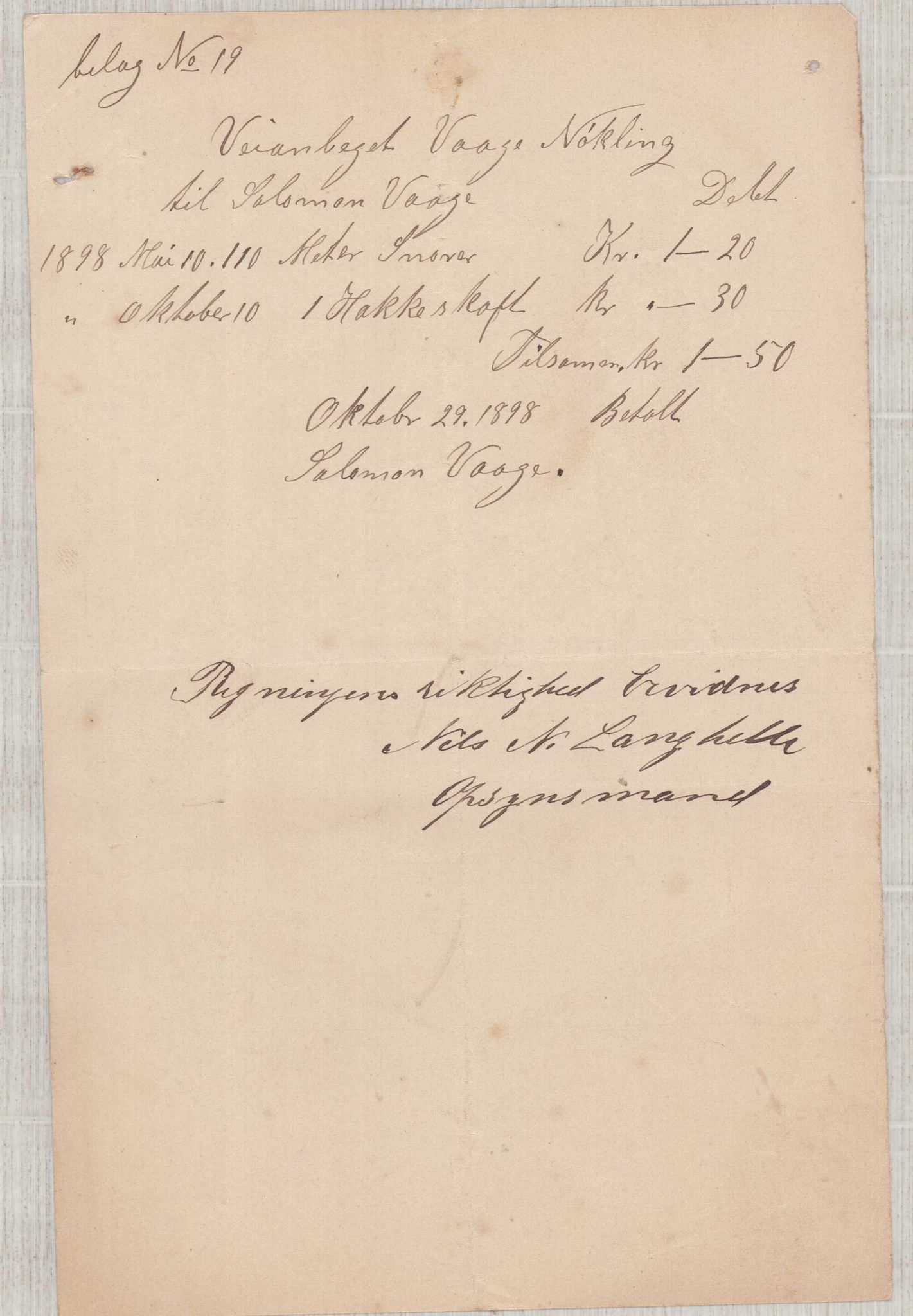 Finnaas kommune. Formannskapet, IKAH/1218a-021/E/Ea/L0002/0006: Rekneskap for veganlegg / Rekneskap for veganlegget Våge - Nøkling, 1898, p. 16