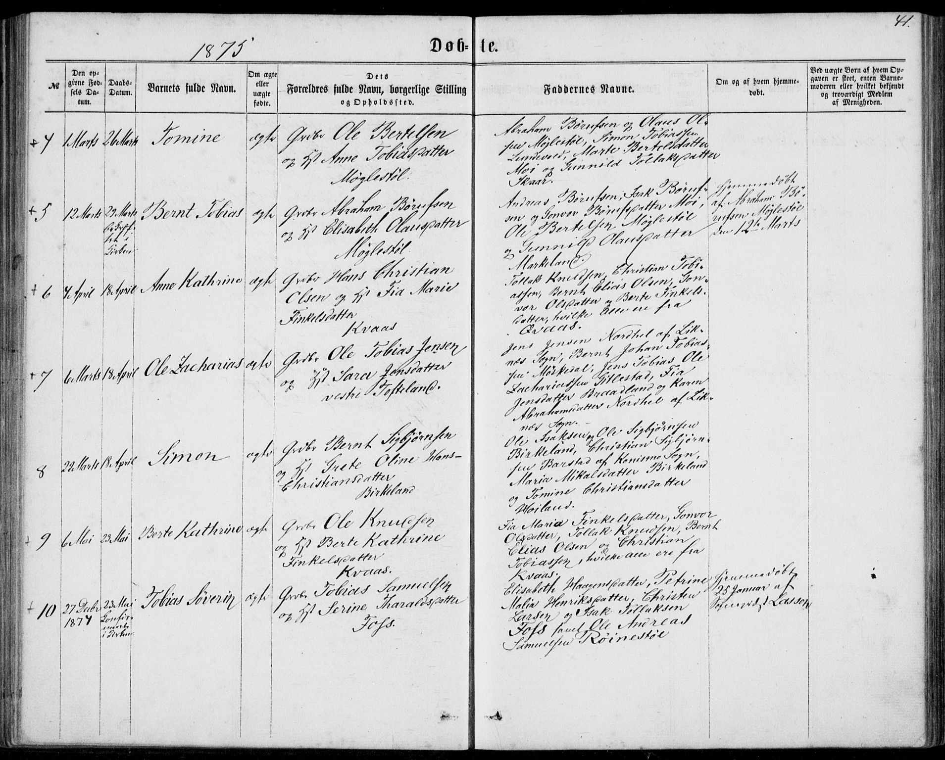Lyngdal sokneprestkontor, SAK/1111-0029/F/Fa/Fab/L0002: Parish register (official) no. A 2, 1861-1878, p. 41