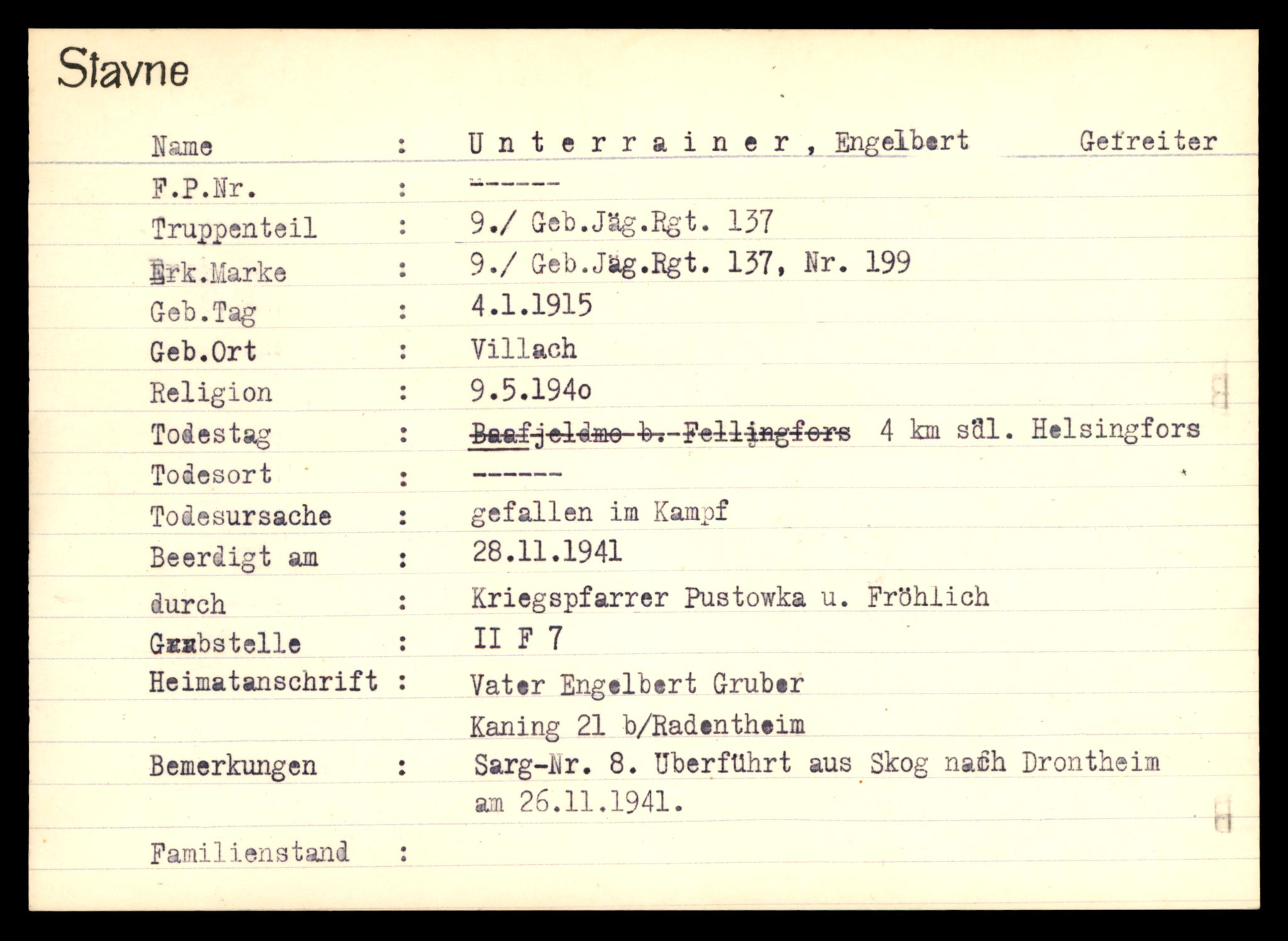 Distriktskontoret for krigsgraver, SAT/A-5030/E/L0003: Kasett/kartotek over tysk Krigskirkegård Stavne, 1945, p. 1427