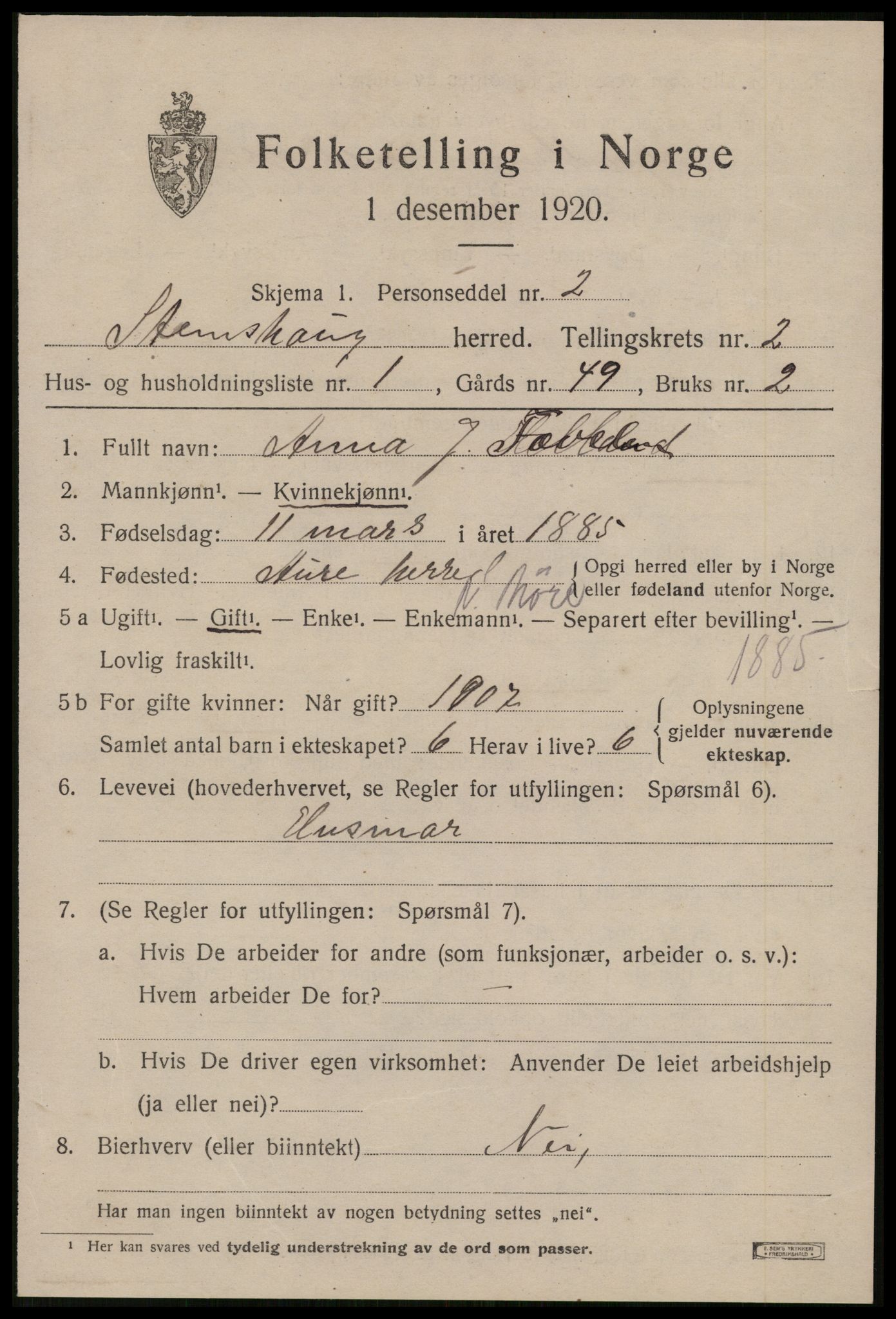 SAT, 1920 census for Stemshaug, 1920, p. 658