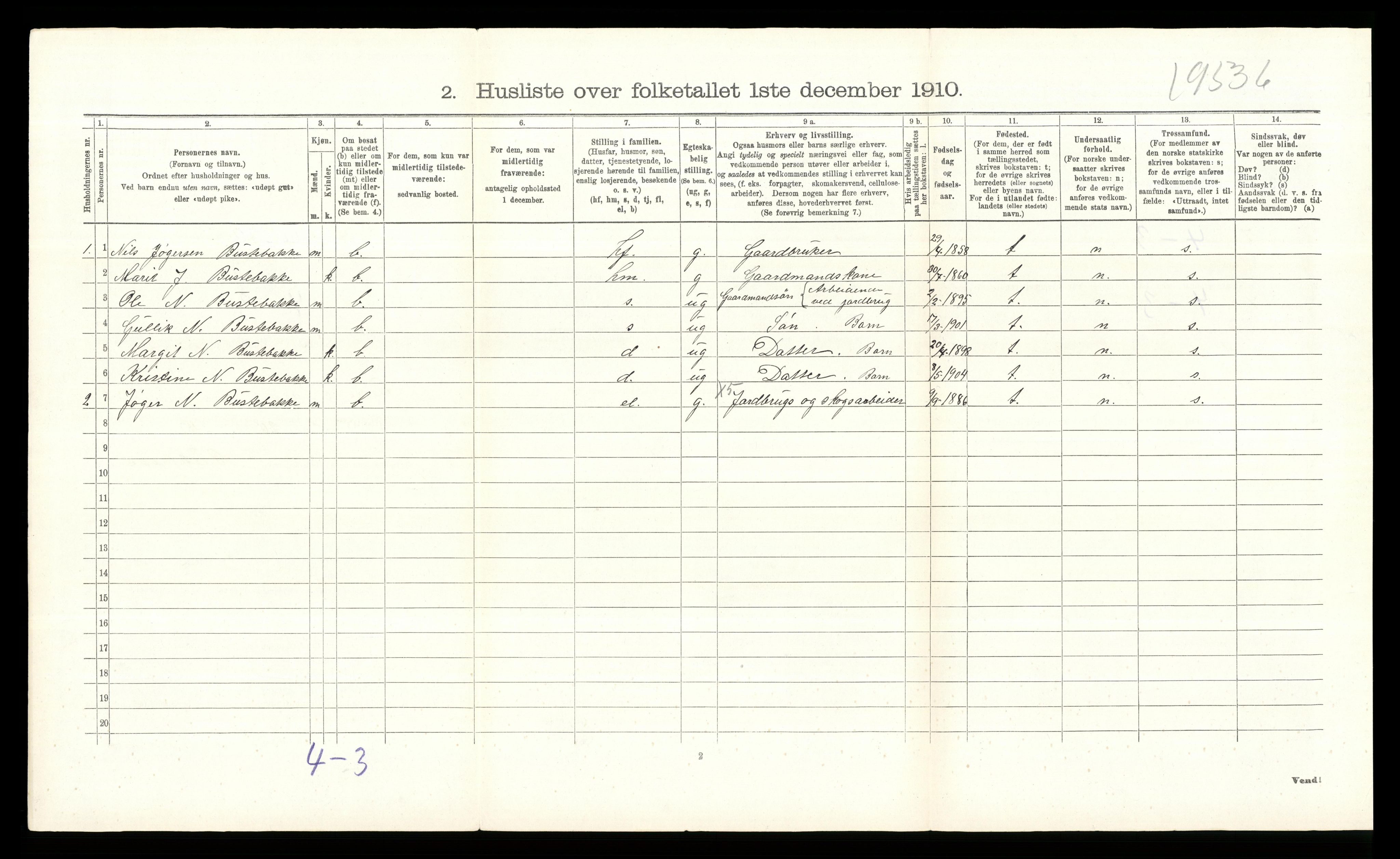 RA, 1910 census for Øystre Slidre, 1910, p. 523