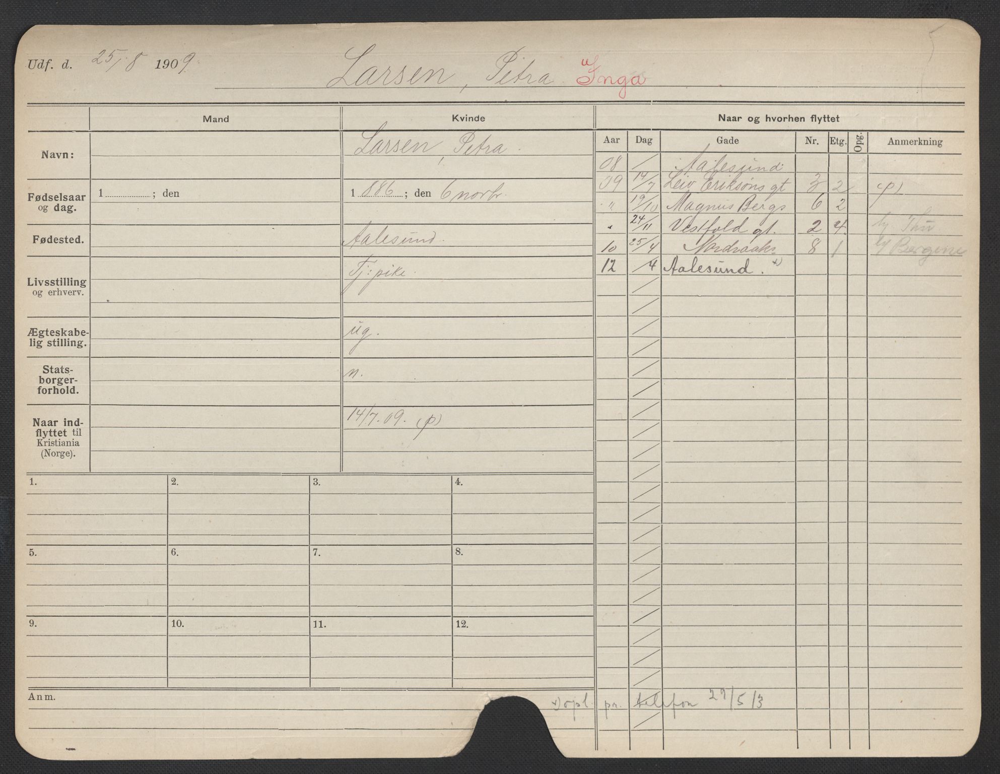 Oslo folkeregister, Registerkort, AV/SAO-A-11715/F/Fa/Fac/L0019: Kvinner, 1906-1914, p. 1121a