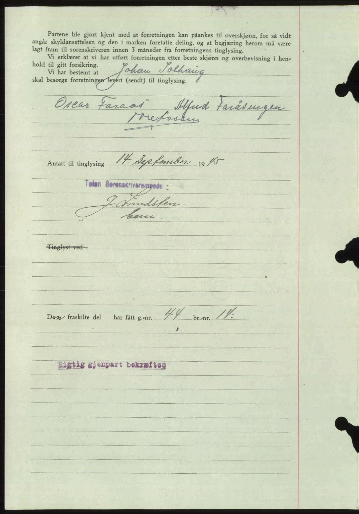 Toten tingrett, AV/SAH-TING-006/H/Hb/Hbc/L0013: Mortgage book no. Hbc-13, 1945-1945, Diary no: : 1268/1945