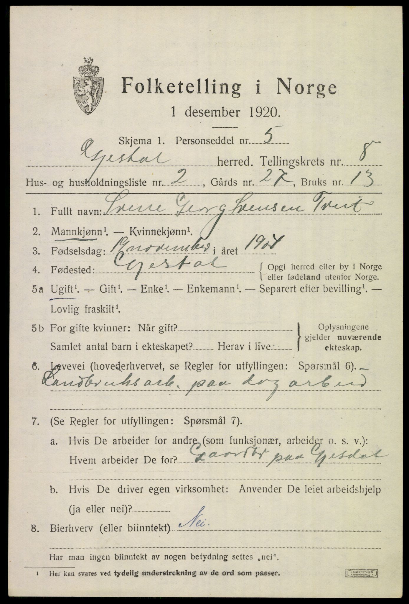 SAST, 1920 census for Gjesdal, 1920, p. 3774