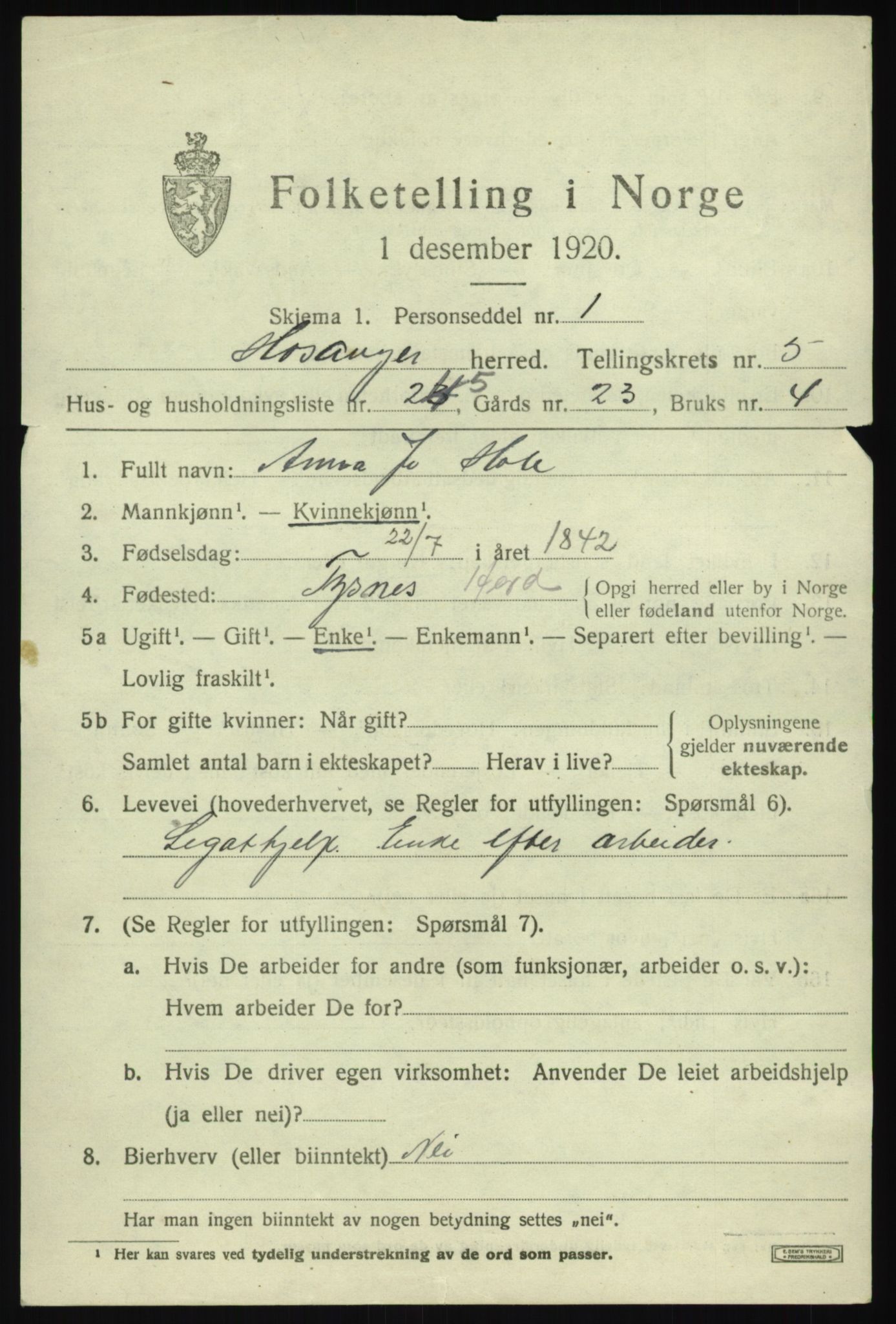 SAB, 1920 census for Hosanger, 1920, p. 2579