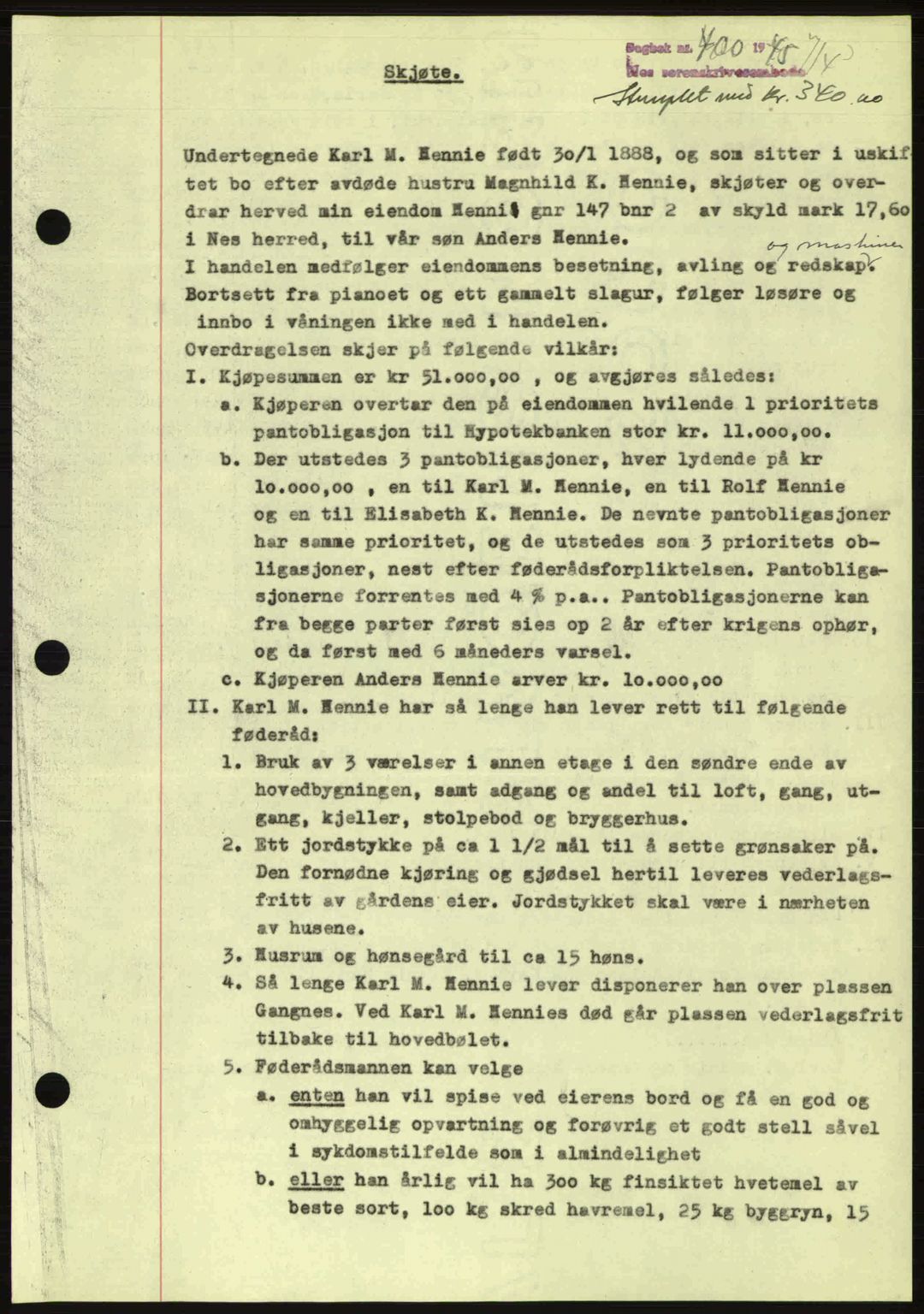 Nes tingrett, AV/SAO-A-10548/G/Gb/Gbb/L0018: Mortgage book no. 62, 1945-1945, Diary no: : 400/1945