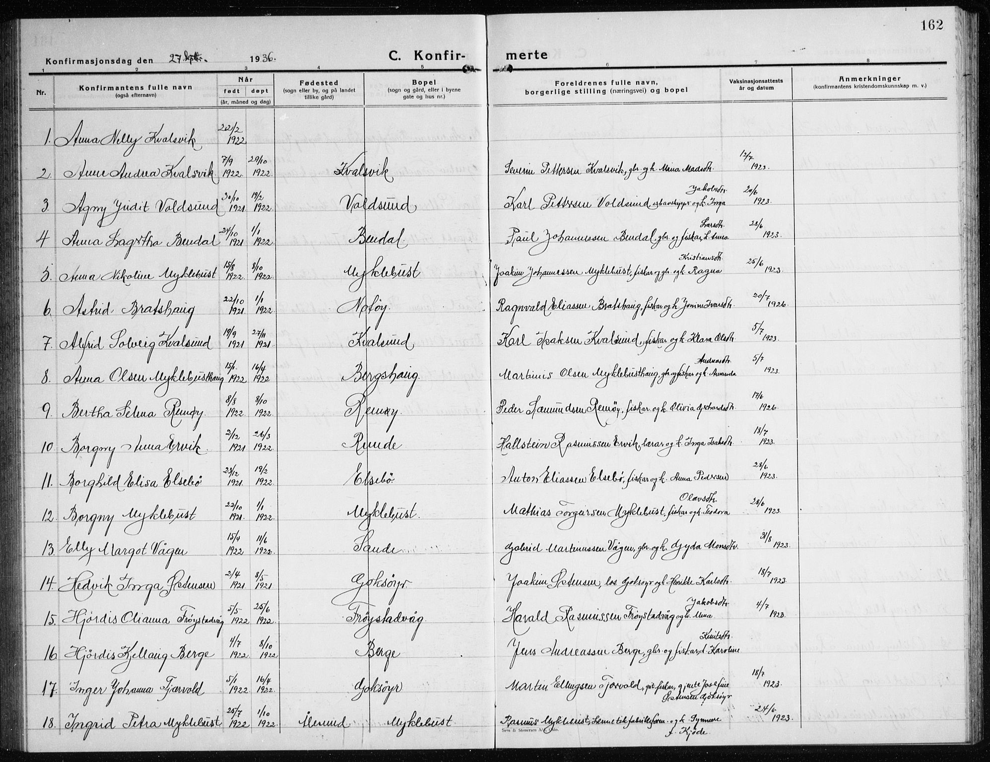 Ministerialprotokoller, klokkerbøker og fødselsregistre - Møre og Romsdal, AV/SAT-A-1454/507/L0085: Parish register (copy) no. 507C08, 1933-1944, p. 162