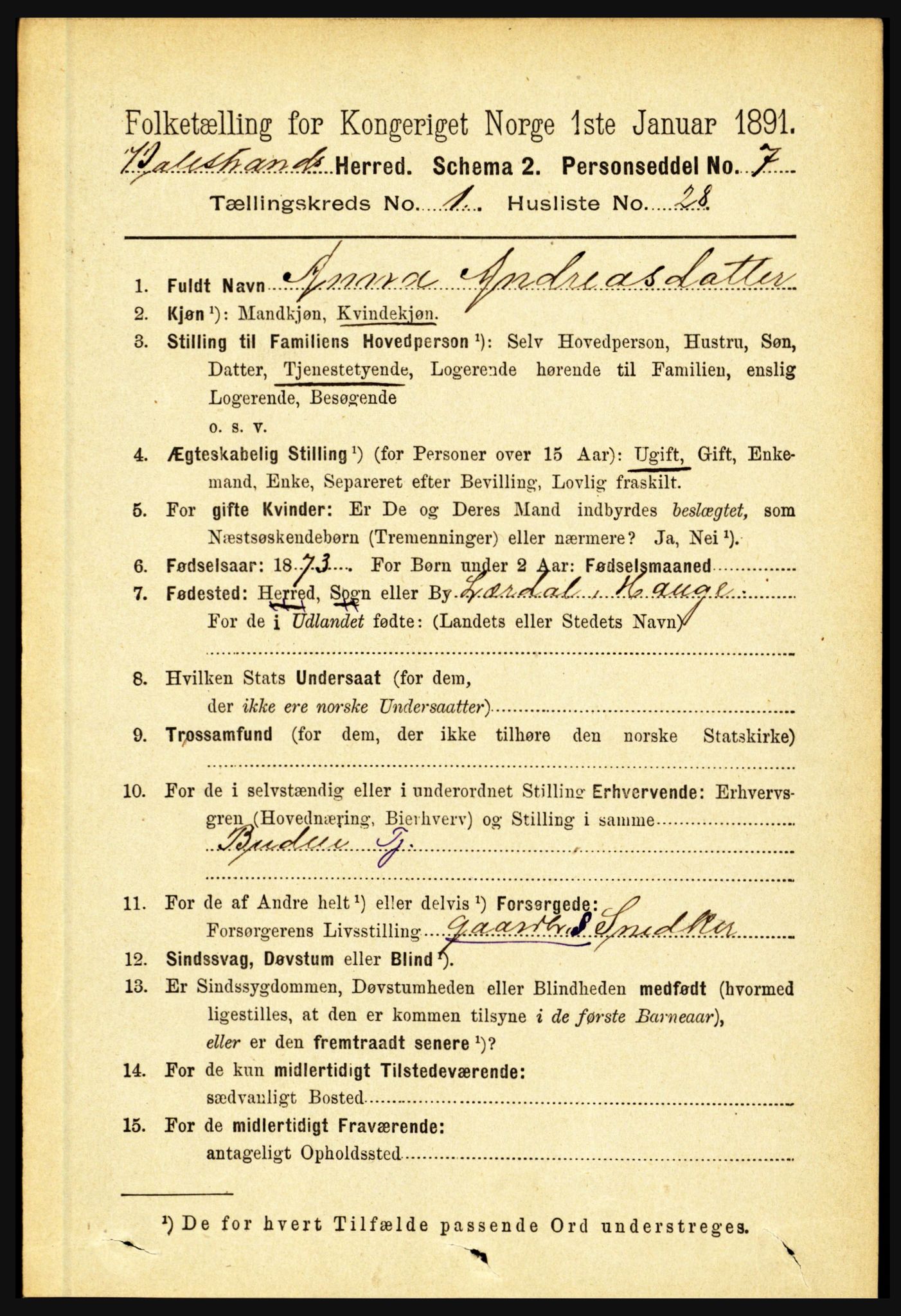 RA, 1891 census for 1418 Balestrand, 1891, p. 215