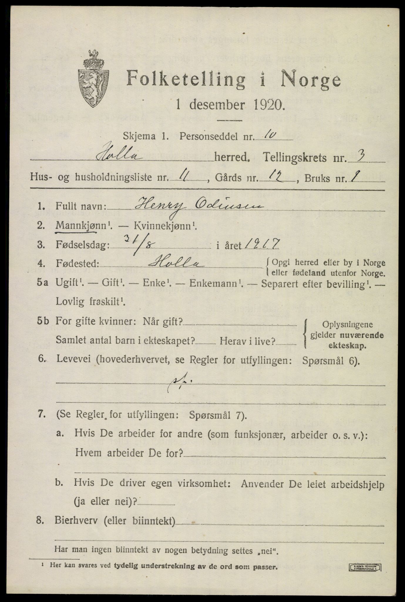 SAKO, 1920 census for Holla, 1920, p. 2869