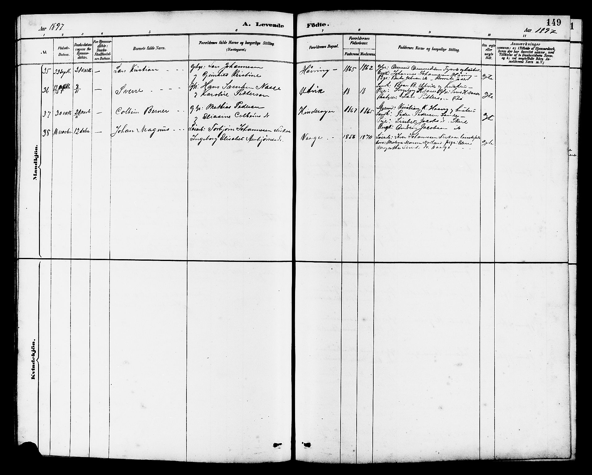 Avaldsnes sokneprestkontor, AV/SAST-A -101851/H/Ha/Hab/L0007: Parish register (copy) no. B 7, 1885-1909, p. 149