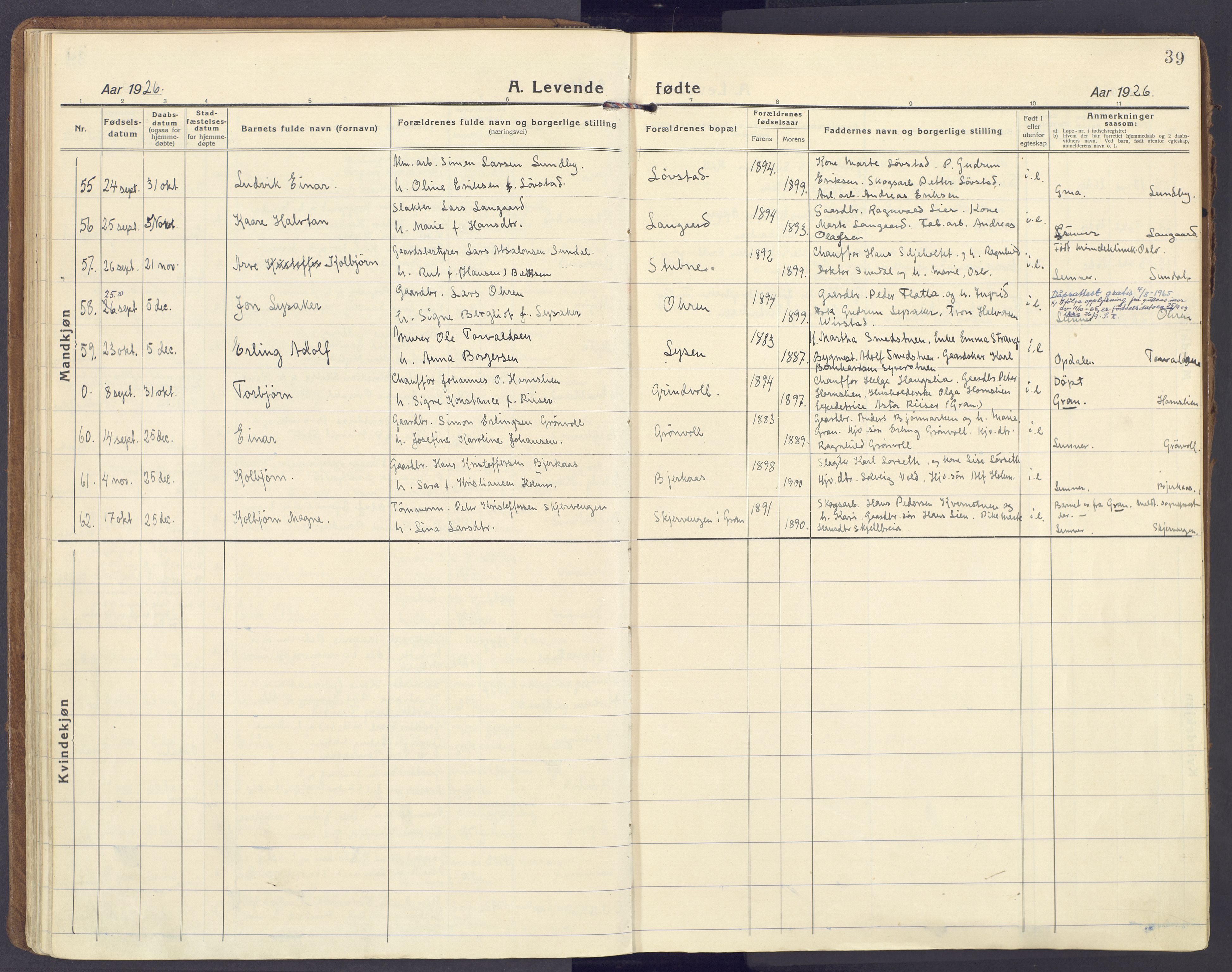 Lunner prestekontor, AV/SAH-PREST-118/H/Ha/Haa/L0002: Parish register (official) no. 2, 1922-1931, p. 39