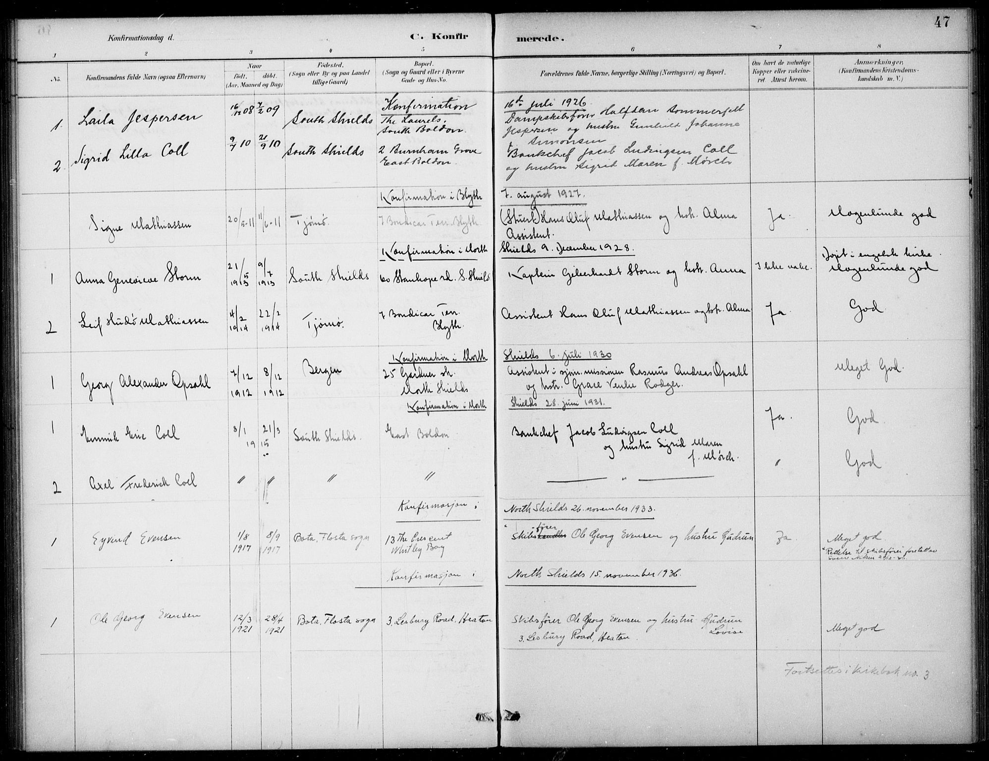 Den norske sjømannsmisjon i utlandet/Tyne-havnene (North Shields og New Castle), SAB/SAB/PA-0101/H/Ha/L0002: Parish register (official) no. A 2, 1883-1938, p. 47