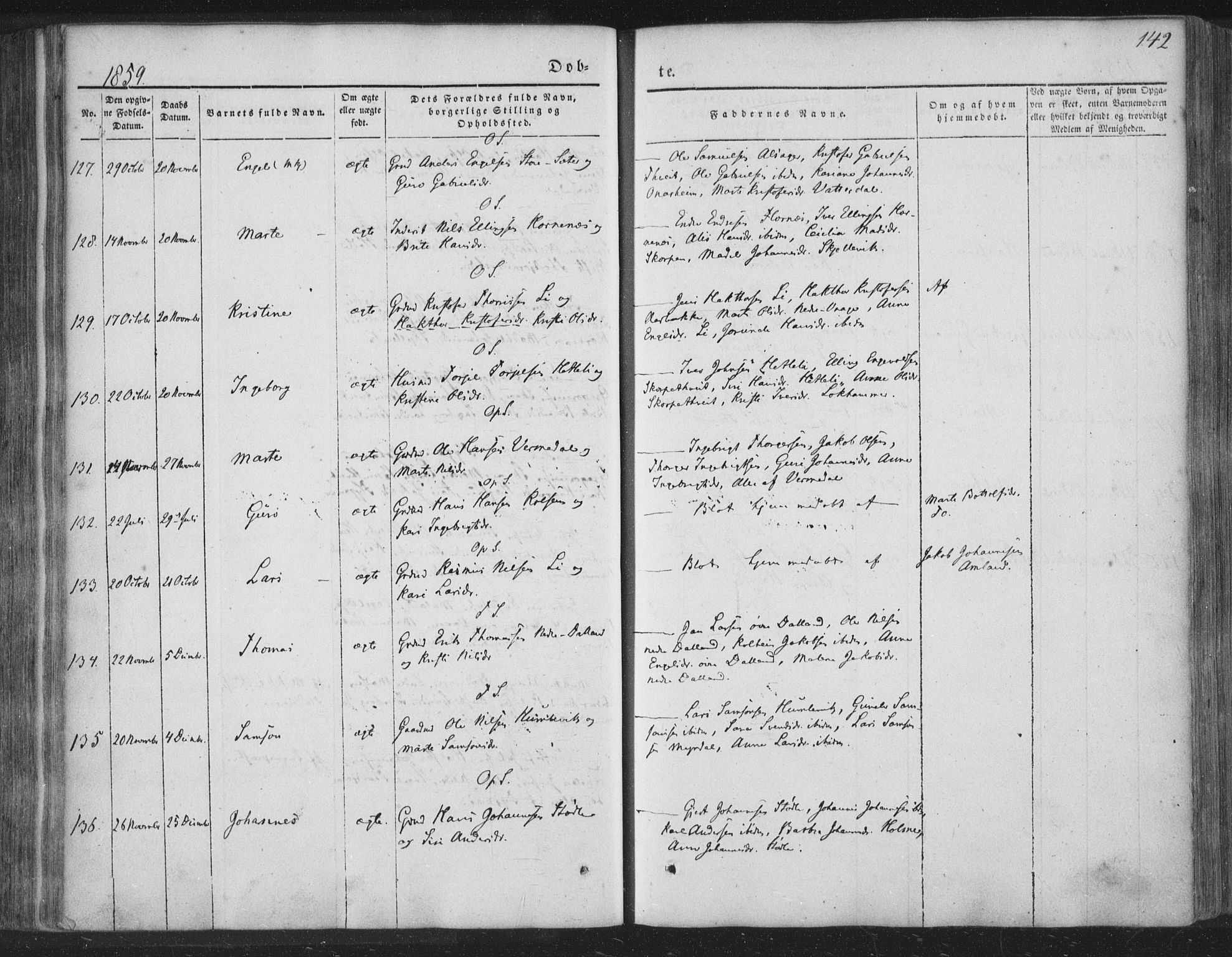 Tysnes sokneprestembete, AV/SAB-A-78601/H/Haa: Parish register (official) no. A 10, 1848-1859, p. 142