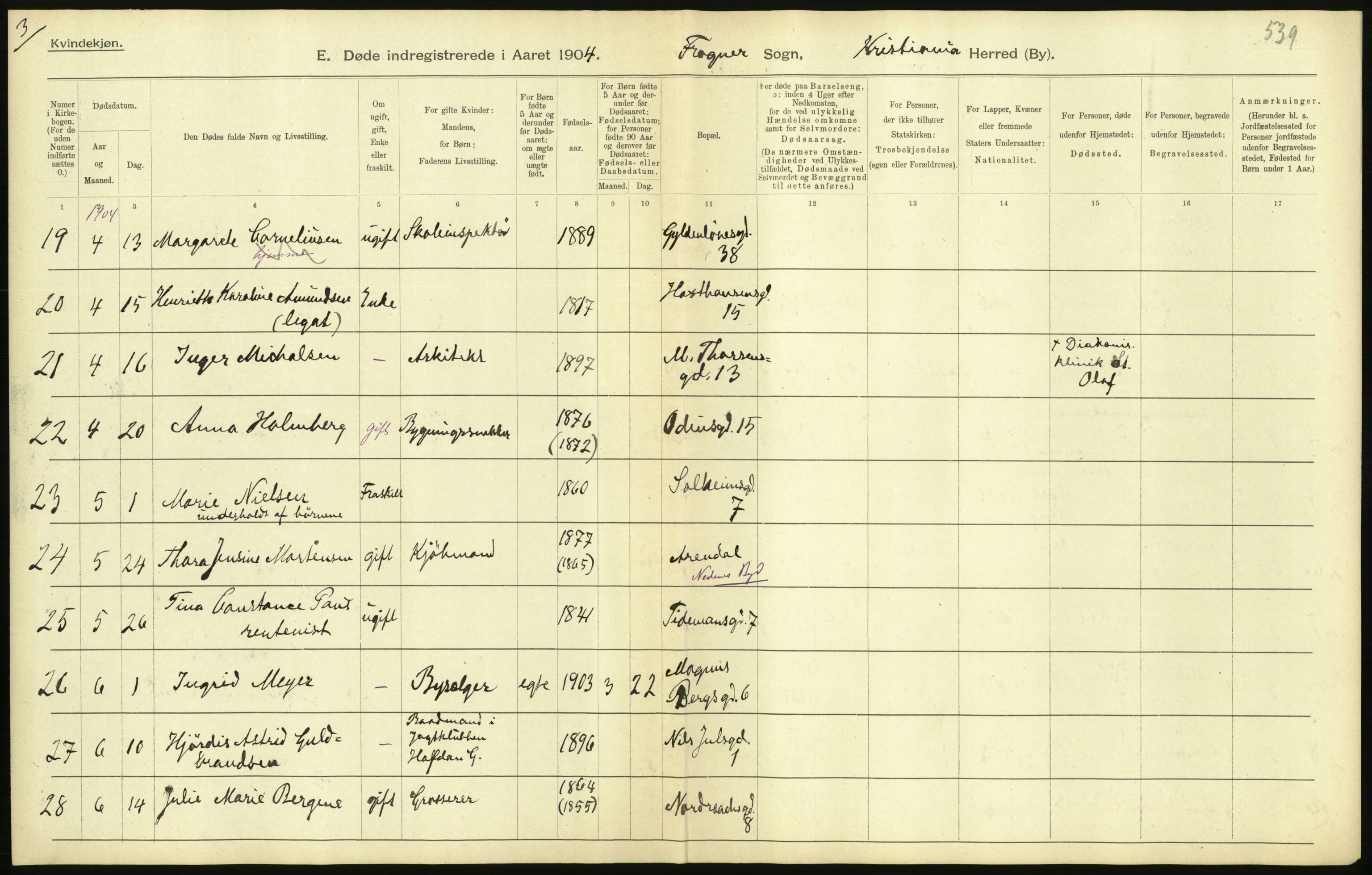 Statistisk sentralbyrå, Sosiodemografiske emner, Befolkning, AV/RA-S-2228/D/Df/Dfa/Dfab/L0004: Kristiania: Gifte, døde, 1904, p. 275