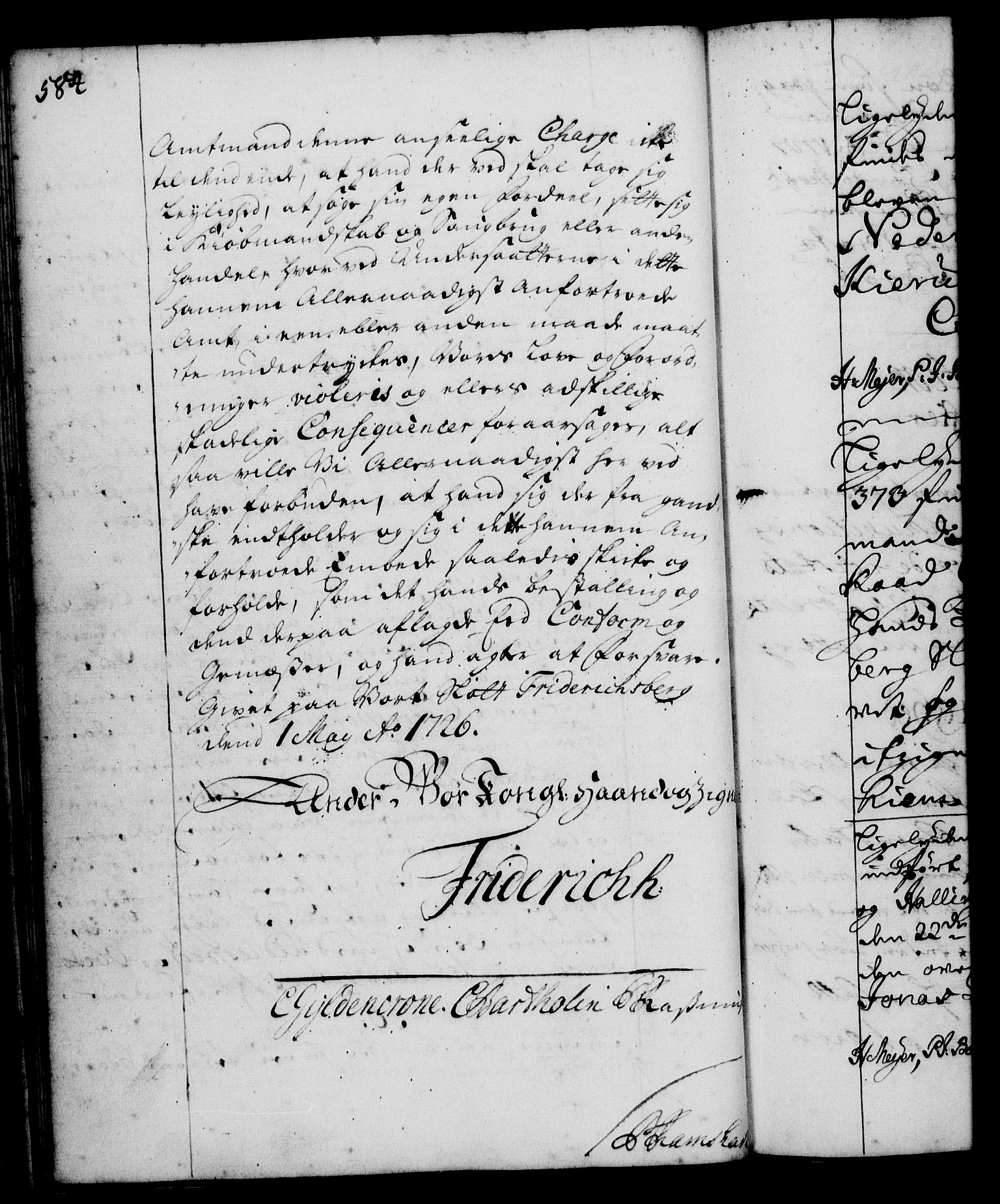 Rentekammeret, Kammerkanselliet, RA/EA-3111/G/Gg/Ggi/L0001: Norsk instruksjonsprotokoll med register (merket RK 53.34), 1720-1729, p. 584